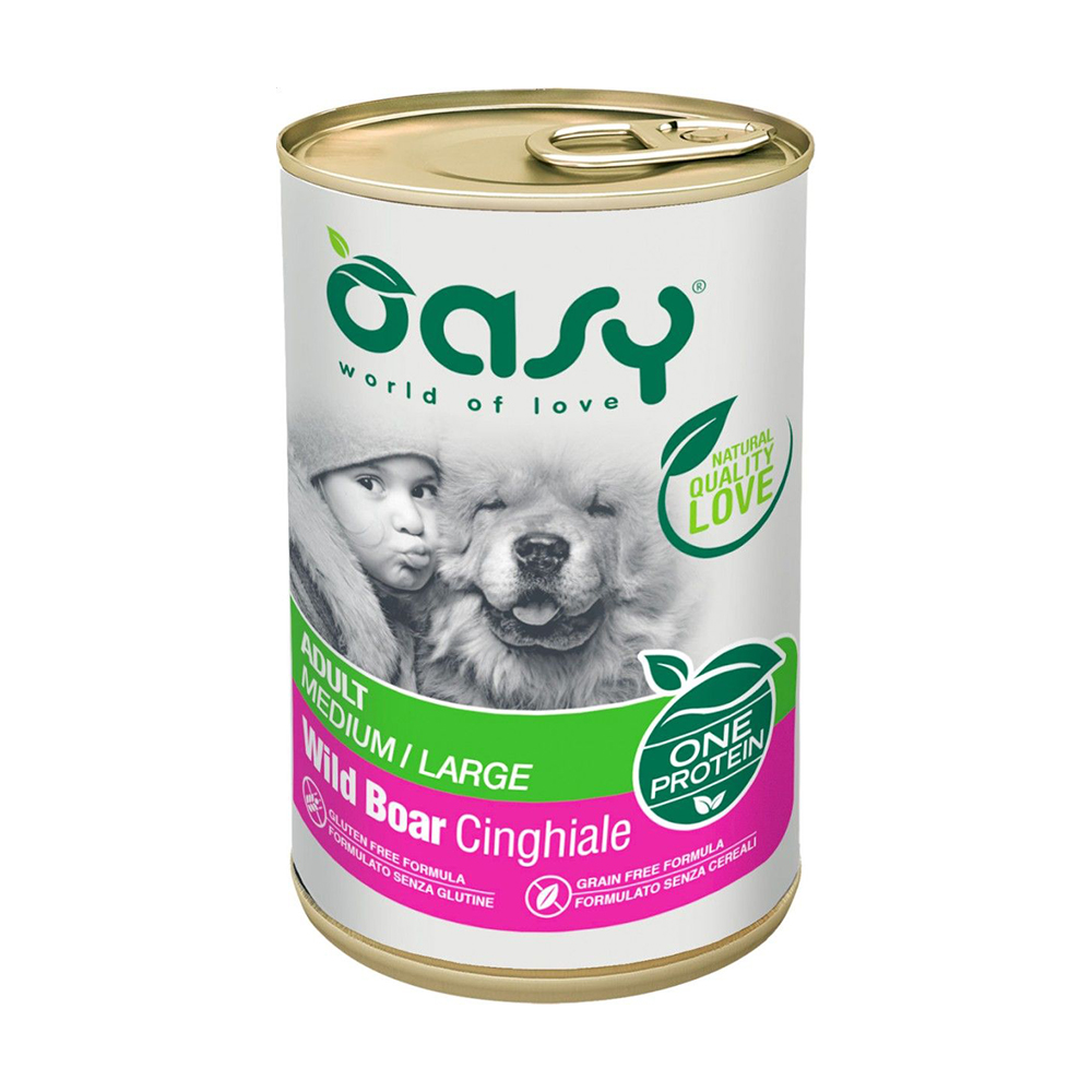 

Вологий корм для дорослих собак середніх та великих порід Oasy One Animal Protein Adult Medium/Large з диким кабаном, 400 г