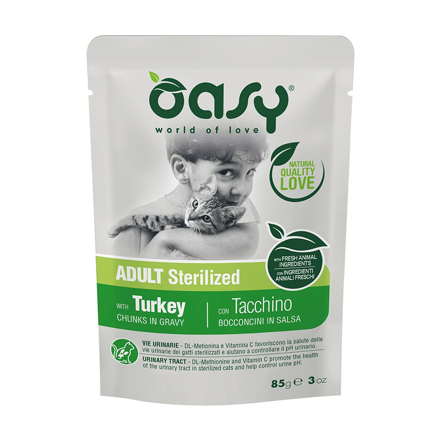 

Вологий корм для кішок Oasy Chunks In Gravy Adult Sterilized з індичкою, 85 г