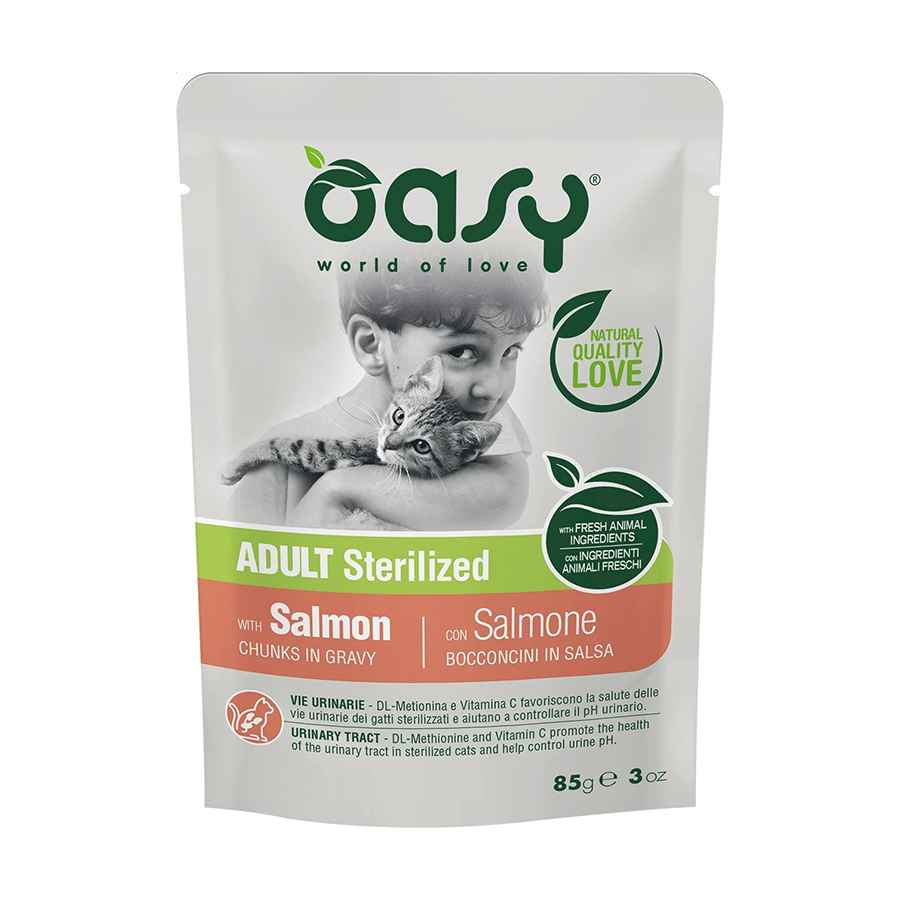 

Вологий корм для кішок Oasy Chunks In Gravy Adult Sterilized з лососем, 85 г