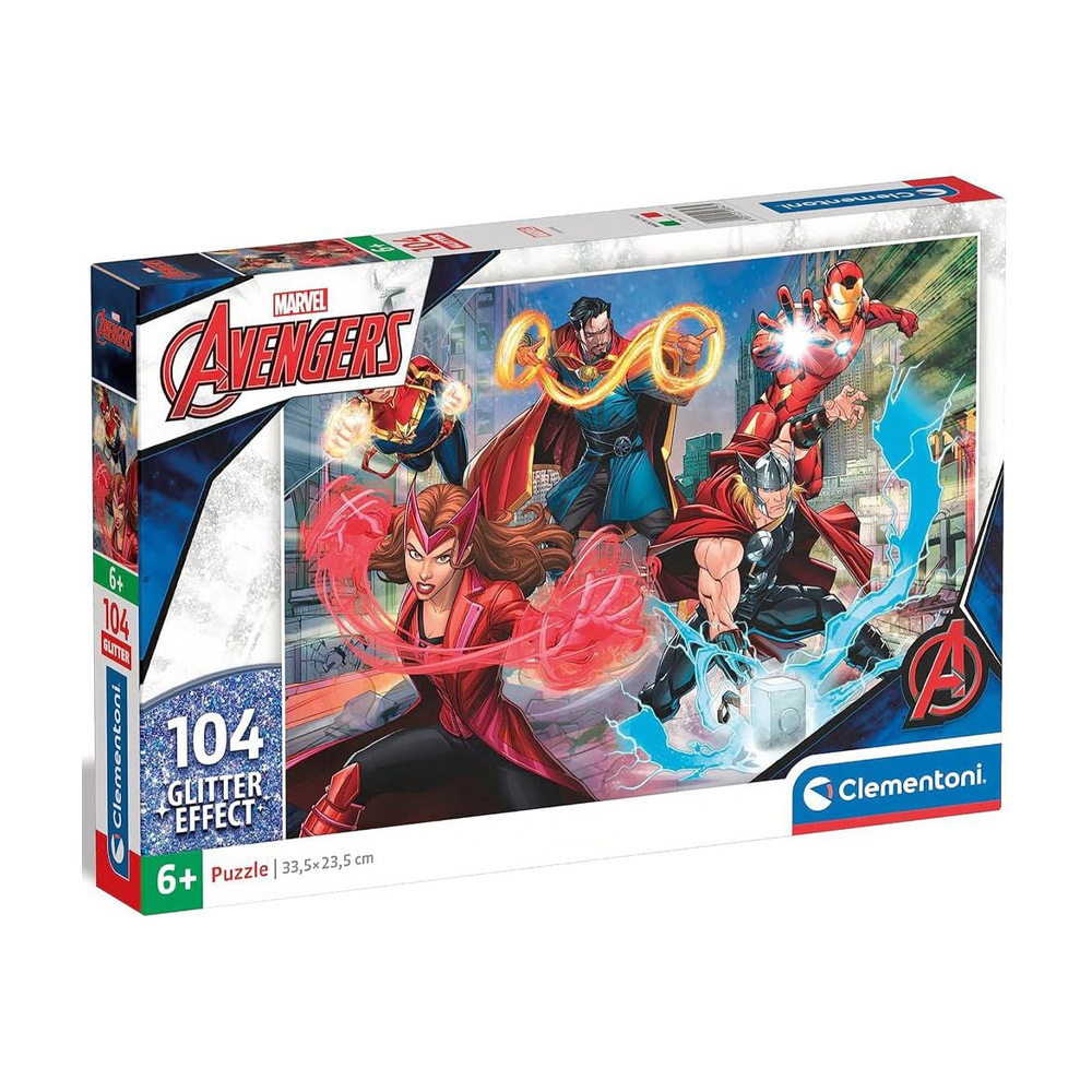 

Пазли Clementoni Glitter Effect Marvel Avengers, 33.5*23.5 см, від 6 років, 104 елементи (20347)