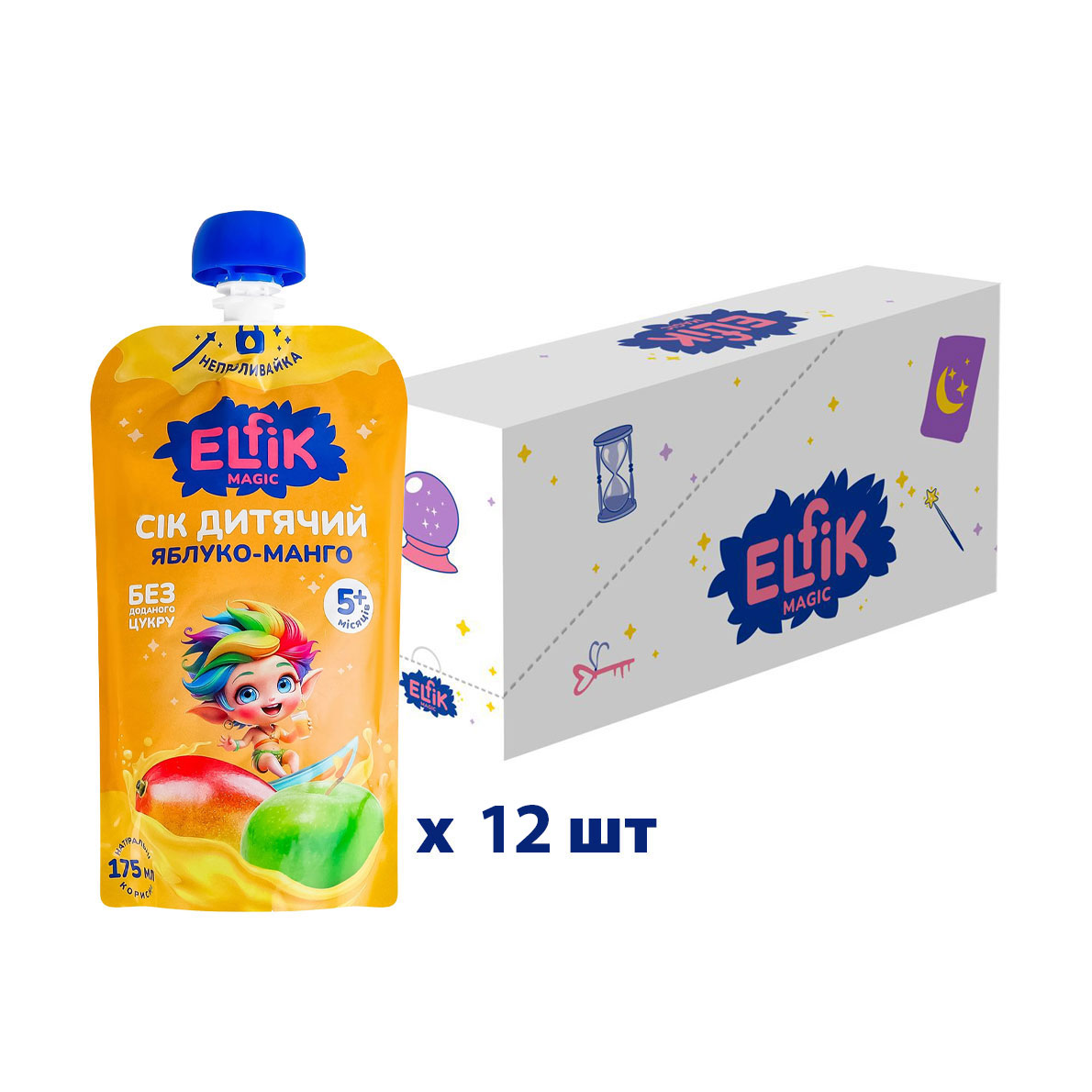 

Уцінка! Сік дитячий Elfik Magic Яблуко-манго, без доданого цукру, від 5 місяців, 12*175 мл