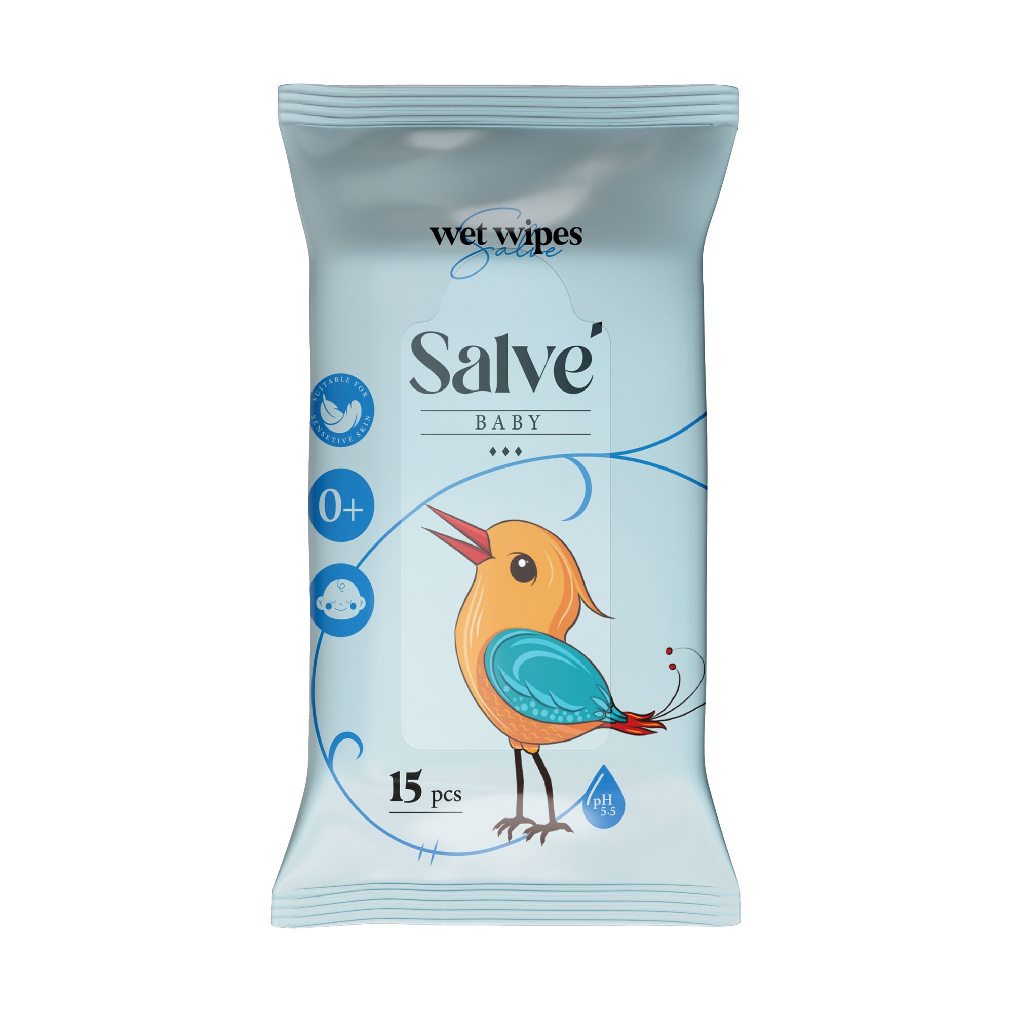 

Дитячі вологі серветки Salve сині, 15 шт