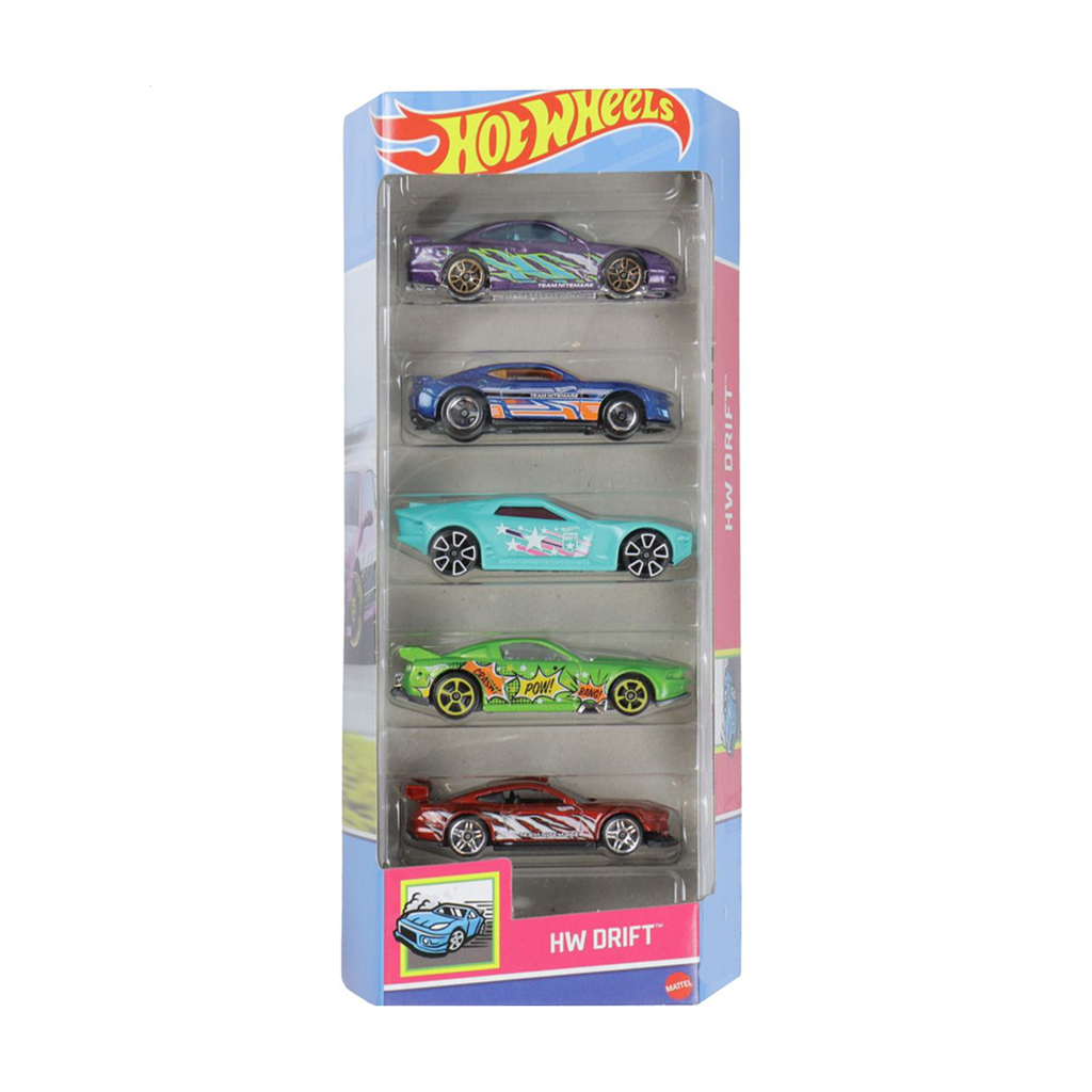 

Набір базових автомобілів Hot Wheels HW Drift, фіолетовий, синій, бірюзовий, салатовий, червоний, від 3 років, 11*4.2*29 см, 5 шт (1806)