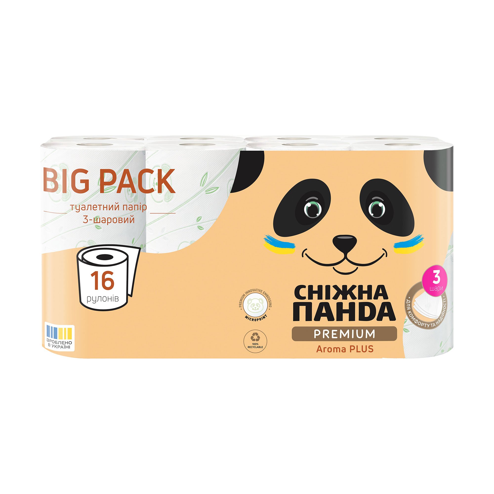 

Туалетний папір Сніжна Панда Premium Aroma Plus 3х-шаровий, 16 рулонів