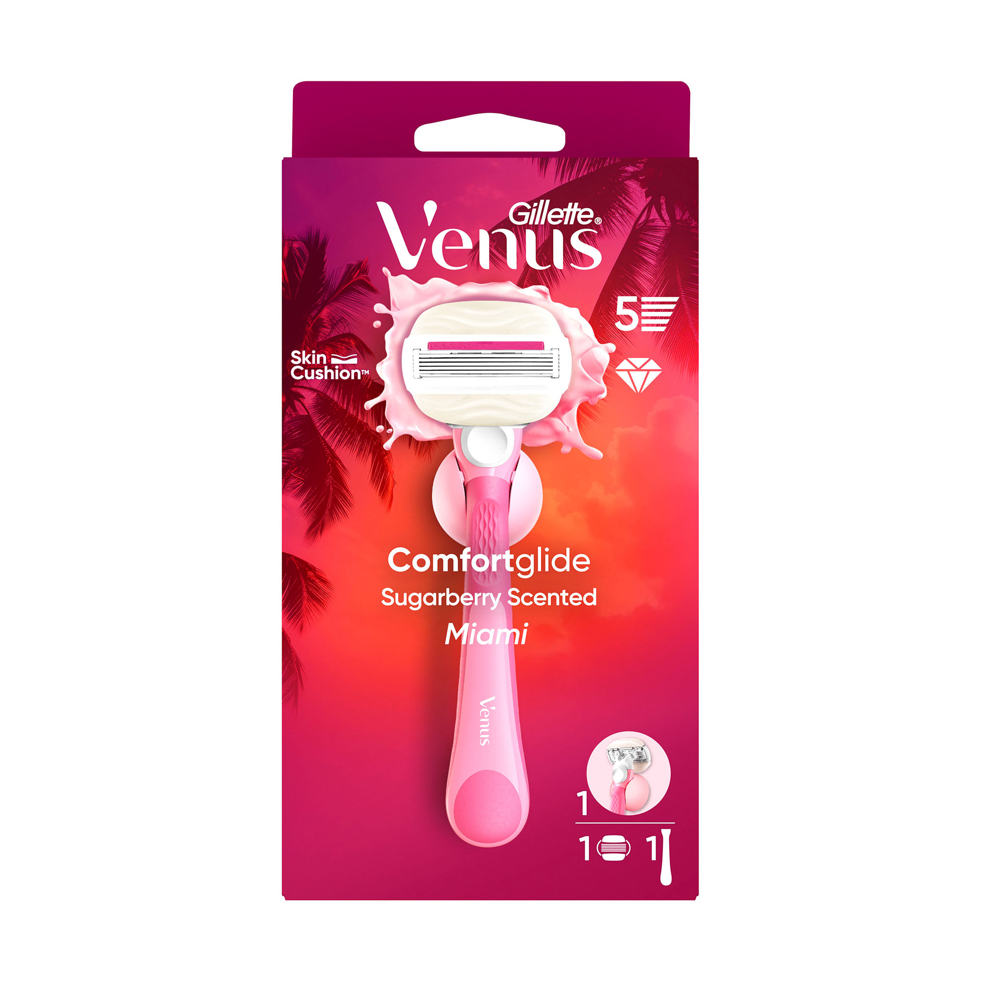 

Станок для гоління Venus Comfortglide Miami Sugarberry жіночий, з 1 змінним картриджем