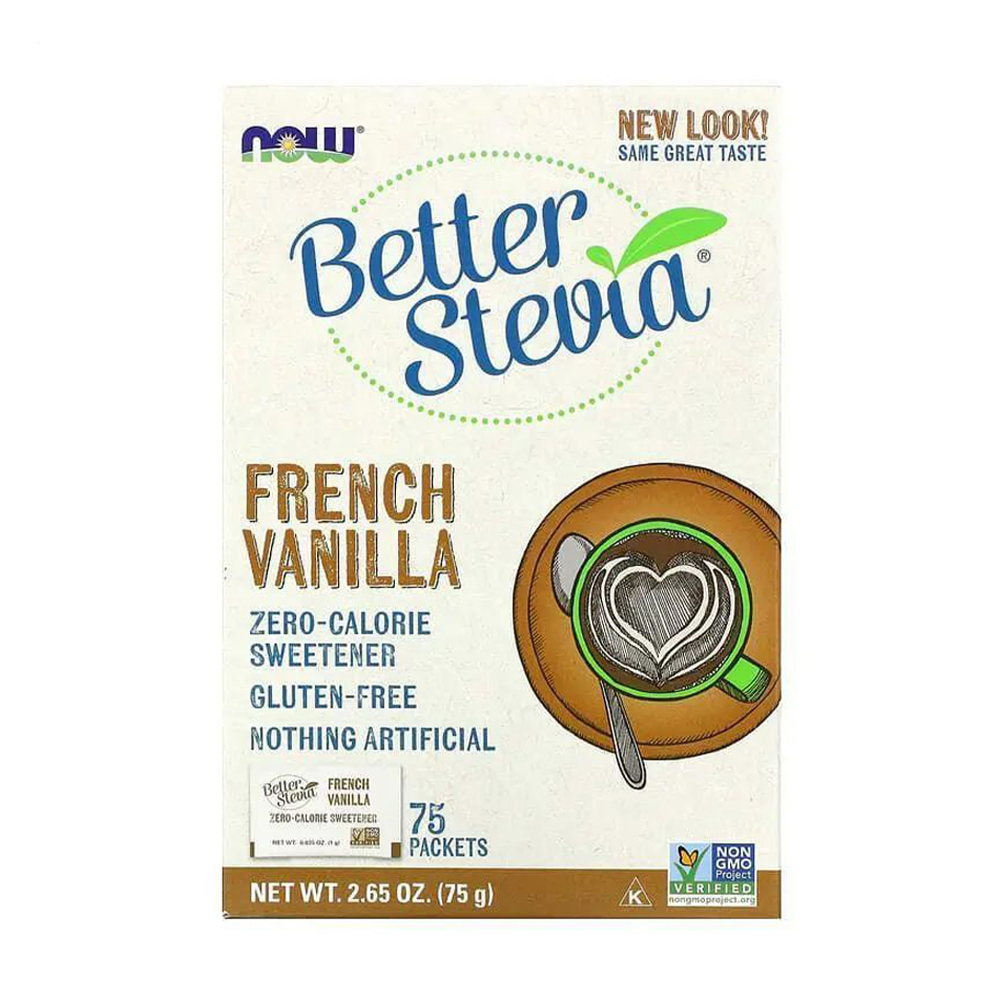 

Стевія NOW foods Better Stevia підсолоджувач з нульовою калорійністю, смак французької ванілі, в саше, 75*1 г