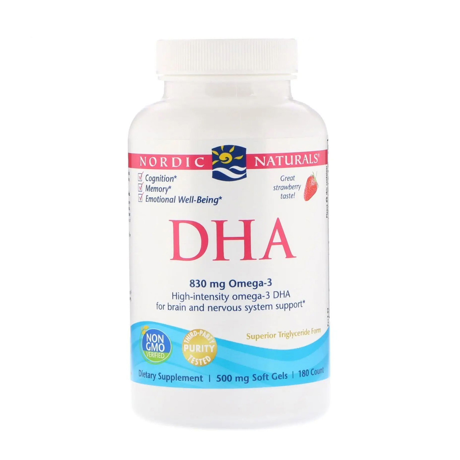 

Риб'ячий жир Nordic Naturals DHA Omega-3 зі смаком полуниці, 830 мг, 180 капсул