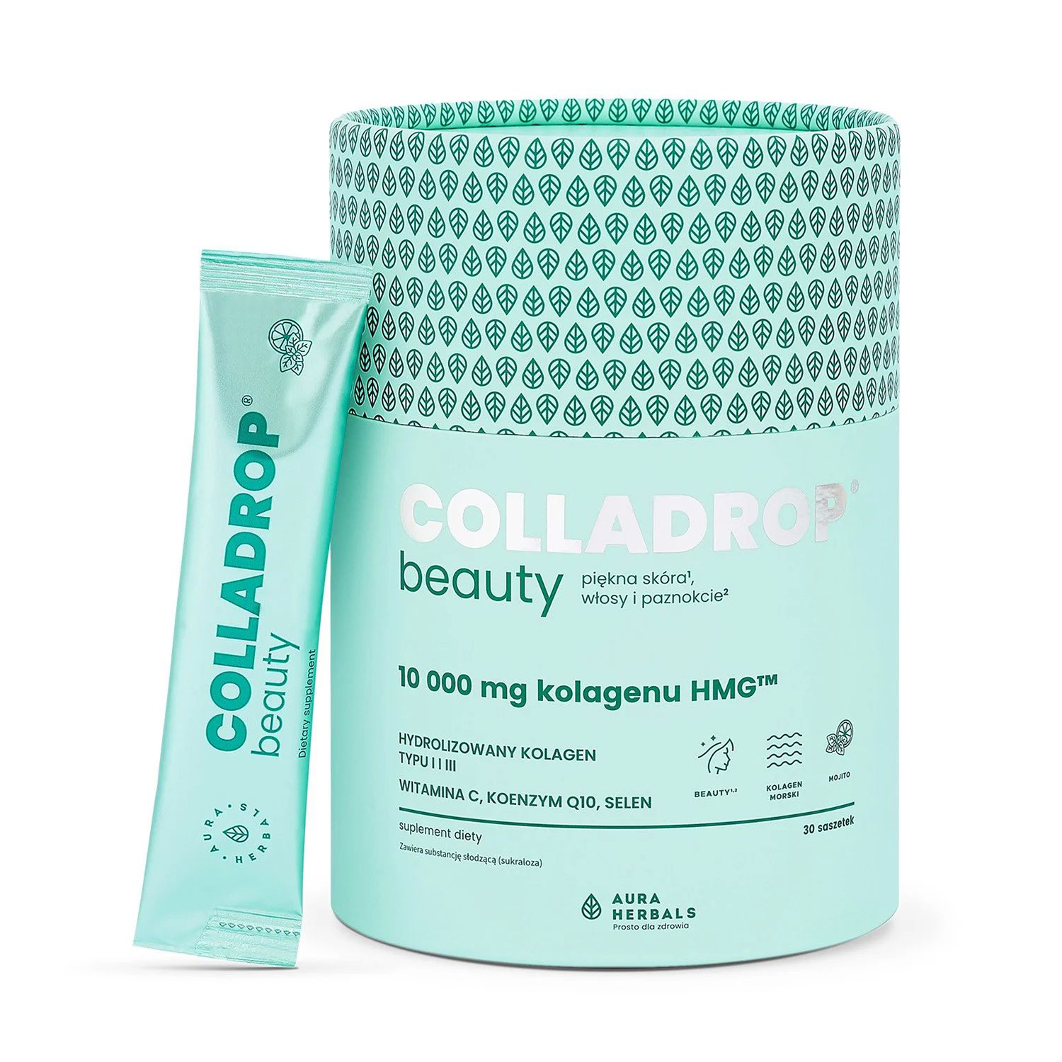 

Колаген Aura Herbals Colladrop Beauty Collagen HMG 10000 мг, зі смаком мохіто, в порошку, 30 шт