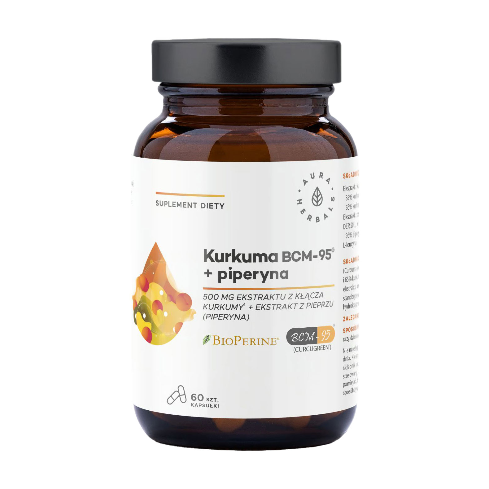

Комплекс куркуми + піперин Aura Herbals Kurkuma 500 мг BCM-95 + piperyna, 60 капсул