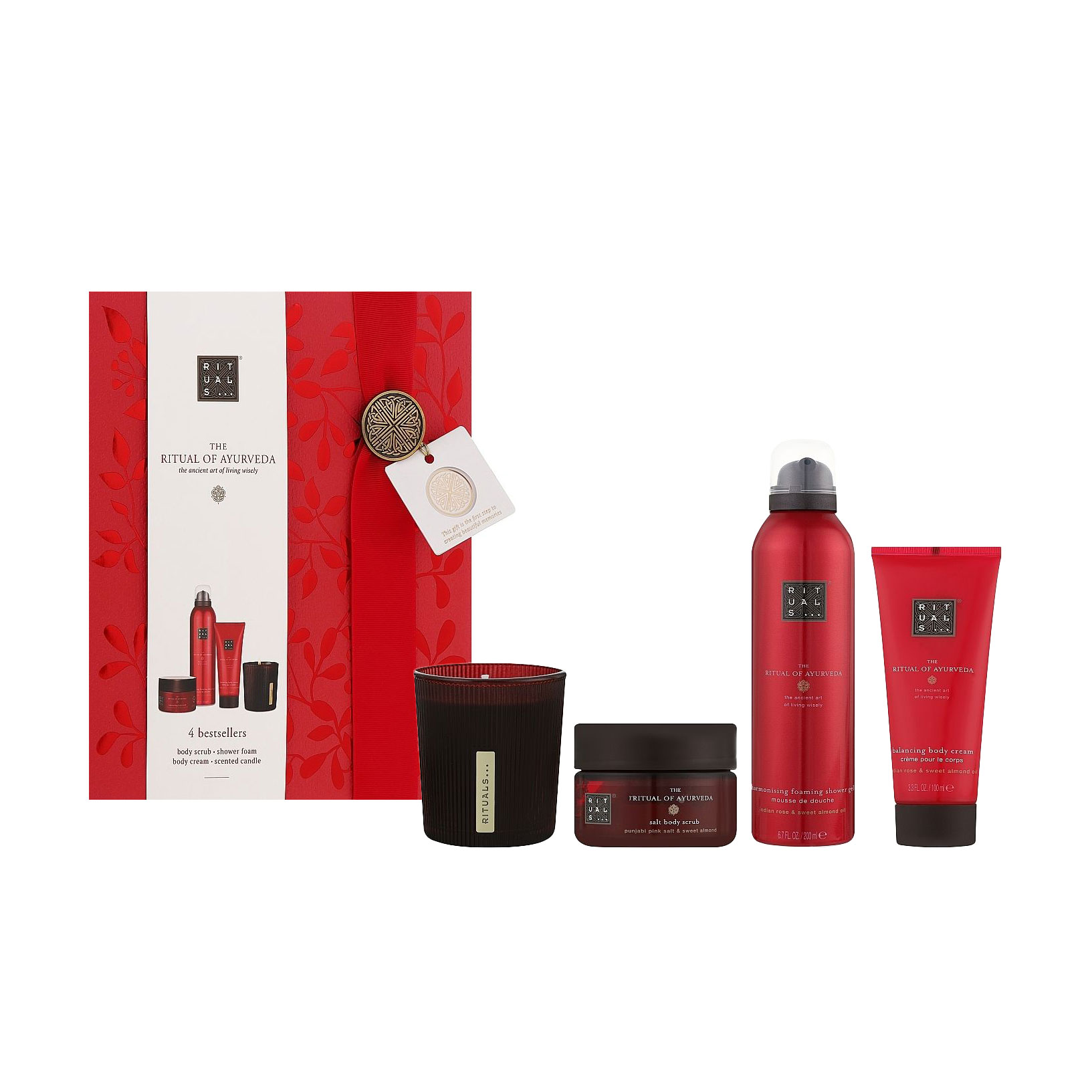 

Набір для тіла Rituals The Ritual Of Ayurveda (крем для тіла, 100 мл + скраб для тіла, 125 г + гель-піна для душу, 200 мл + свічка, 140 г)