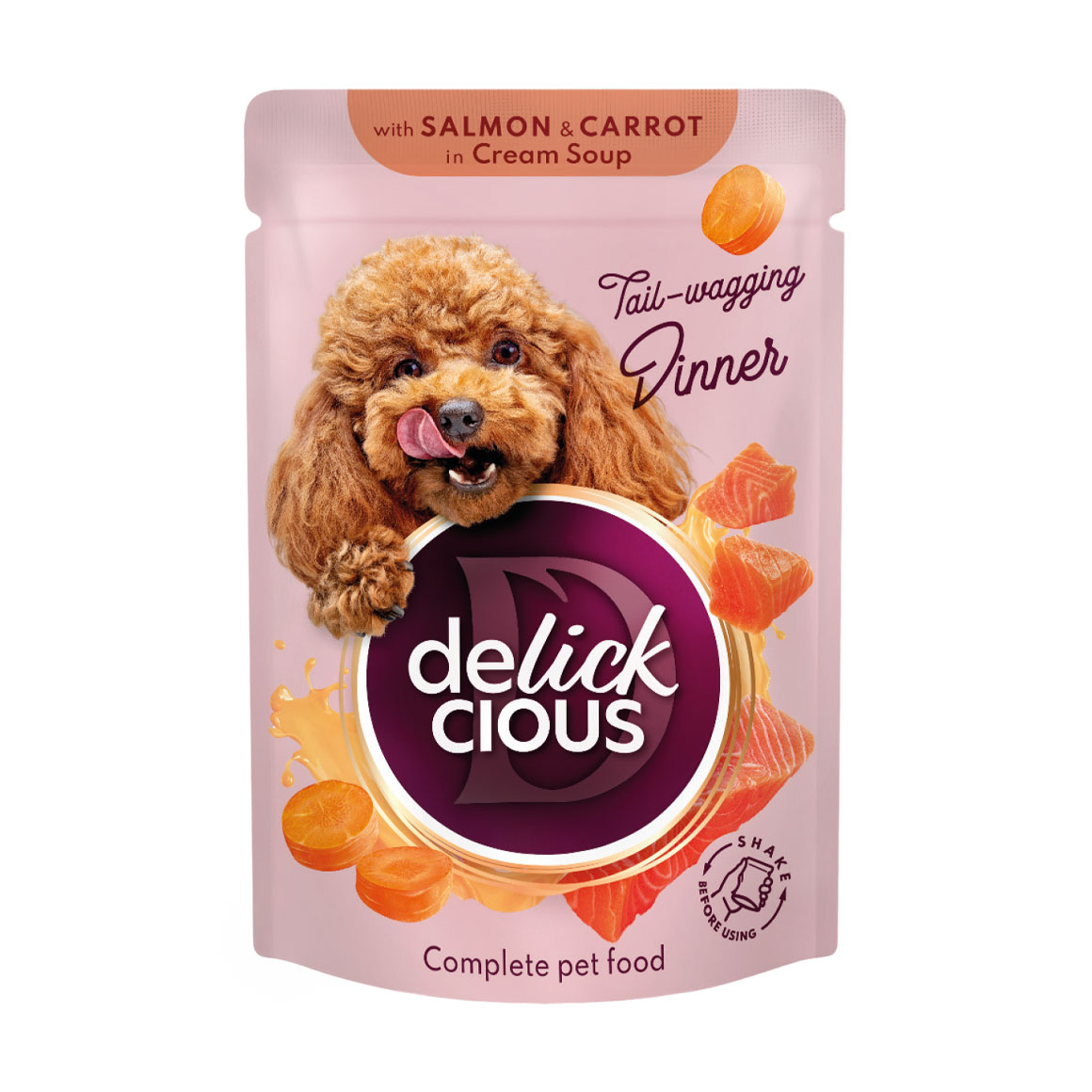 

Вологий корм для дорослих собак Delickcious Смужки з лососем та морквою в крем супі, 85 г