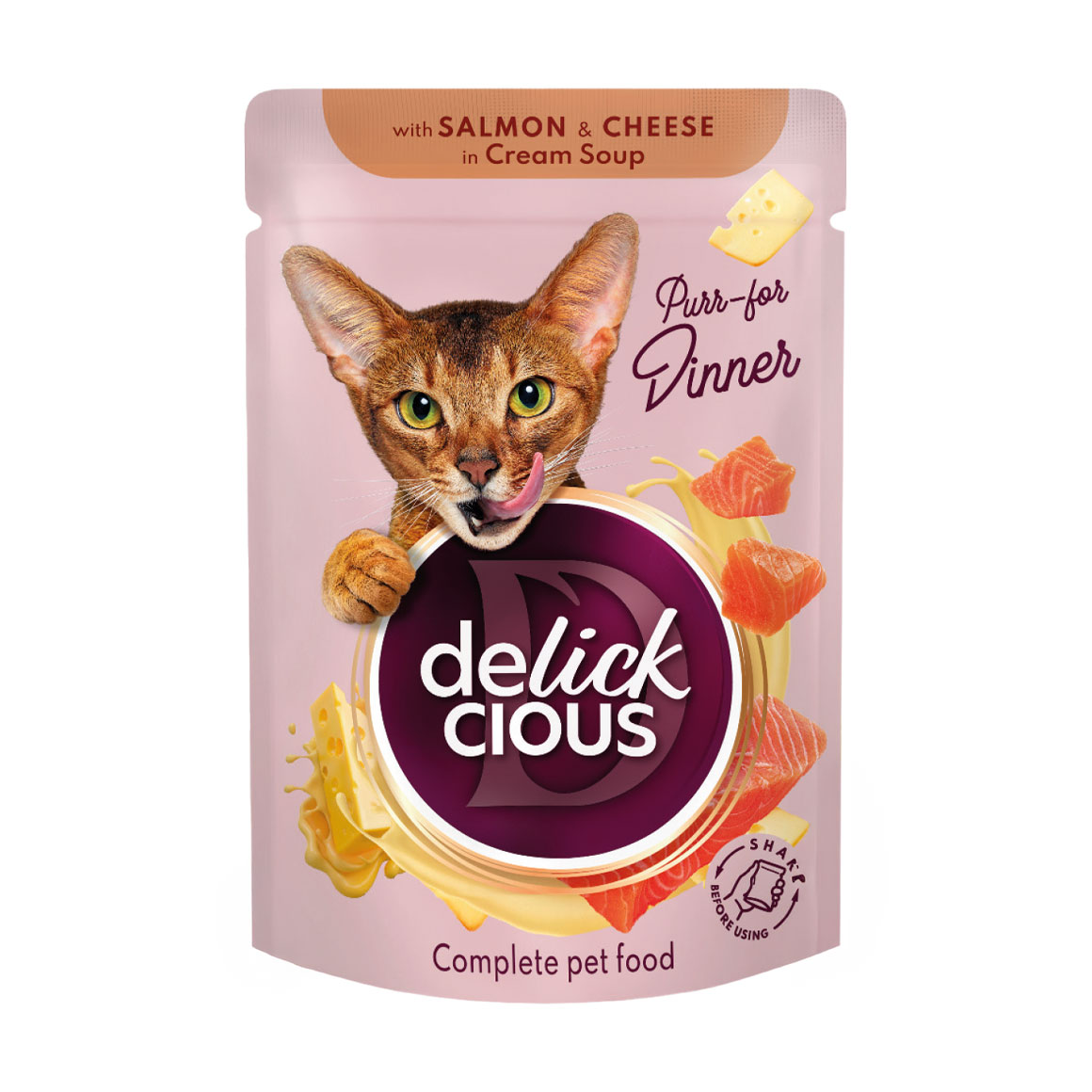 

Вологий корм для дорослих котів Delickcious Смужки з лососем та сиром в крем супі, 85 г