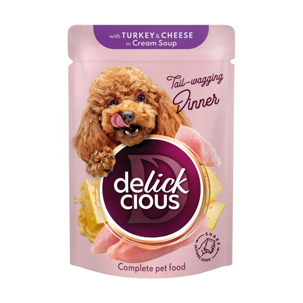 

Вологий корм для дорослих собак Delickcious Смужки з індичкою та сиром в крем-супі, 85 г