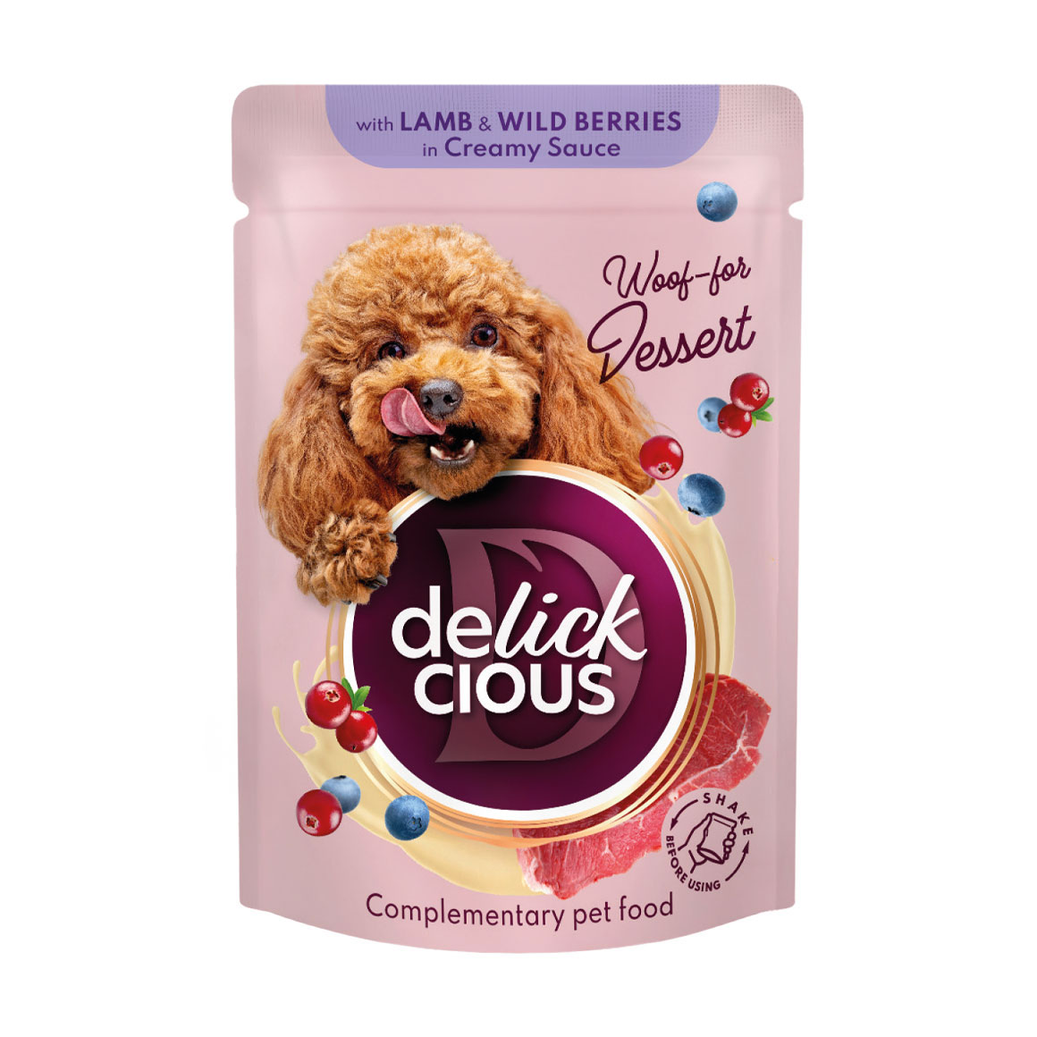 

Уцінка! Вологий корм для дорослих собак Delickcious Пластівці з ягнятиною та лісовими ягодами у вершковому соусі, 80 г