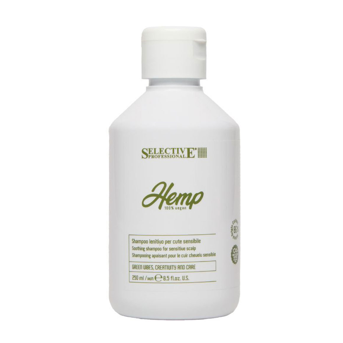

Заспокійливий шампунь Selective Professional Hemp Soothing Shampoo для чутливої шкіри голови, з екстрактом олії насіння коноплі, 250 мл