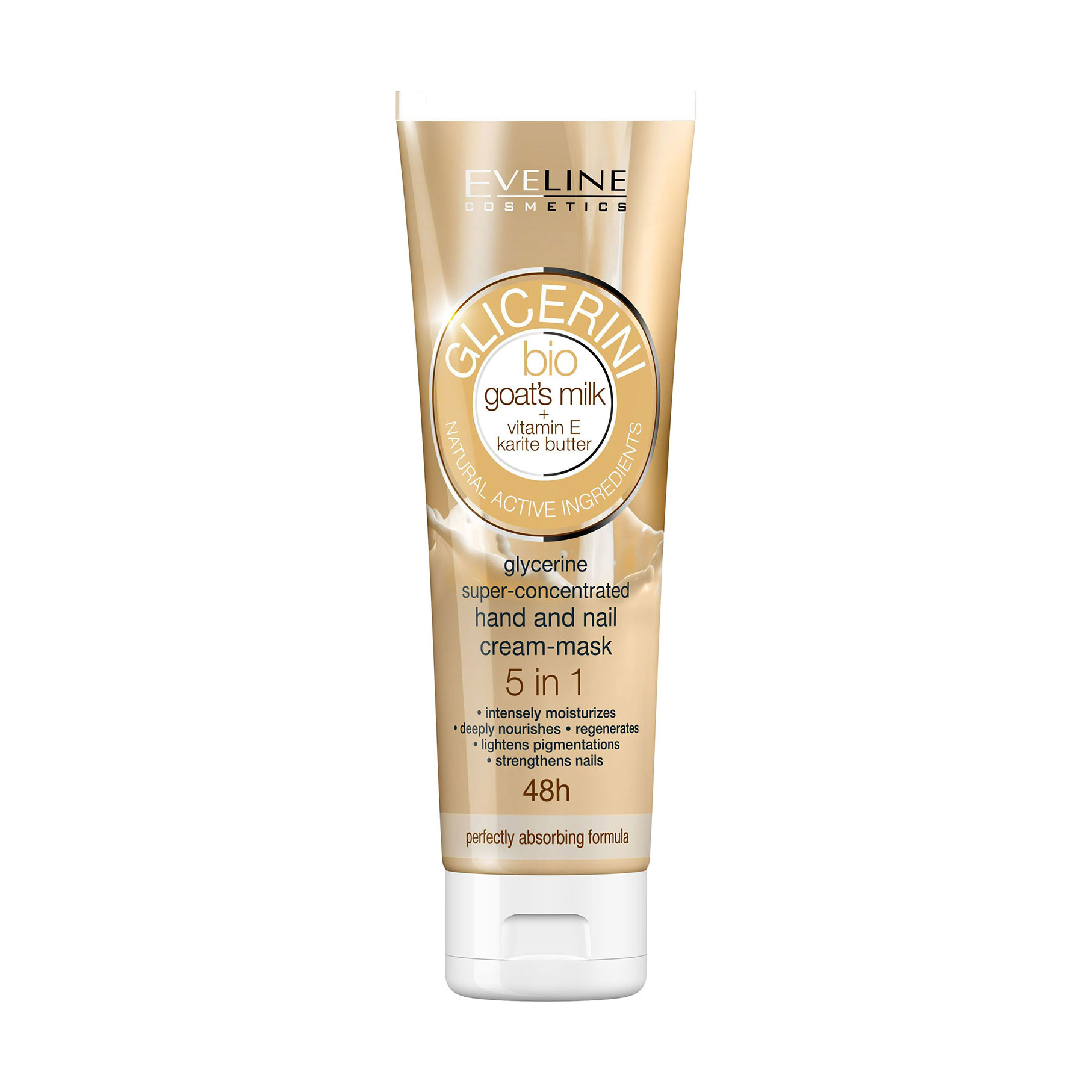 

Гліцеринова крем-маска для рук і нігтів 5 в 1 Eveline Cosmetics Glicerini Bio Козине молоко, вітамін Е та олія ши, 100 мл