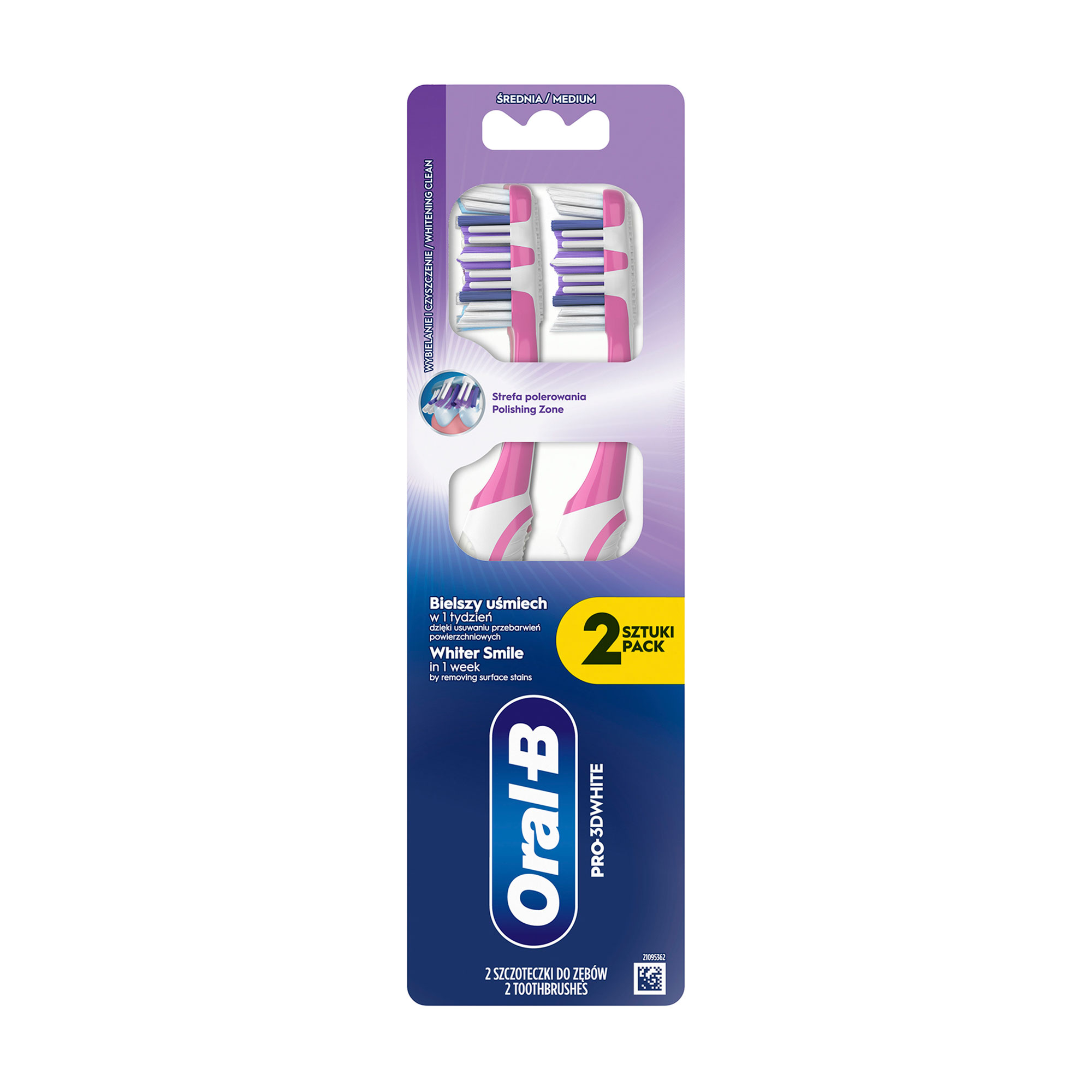 

Зубна щітка Oral-B Pro 3D White Середня жорсткість, рожева, 2 шт