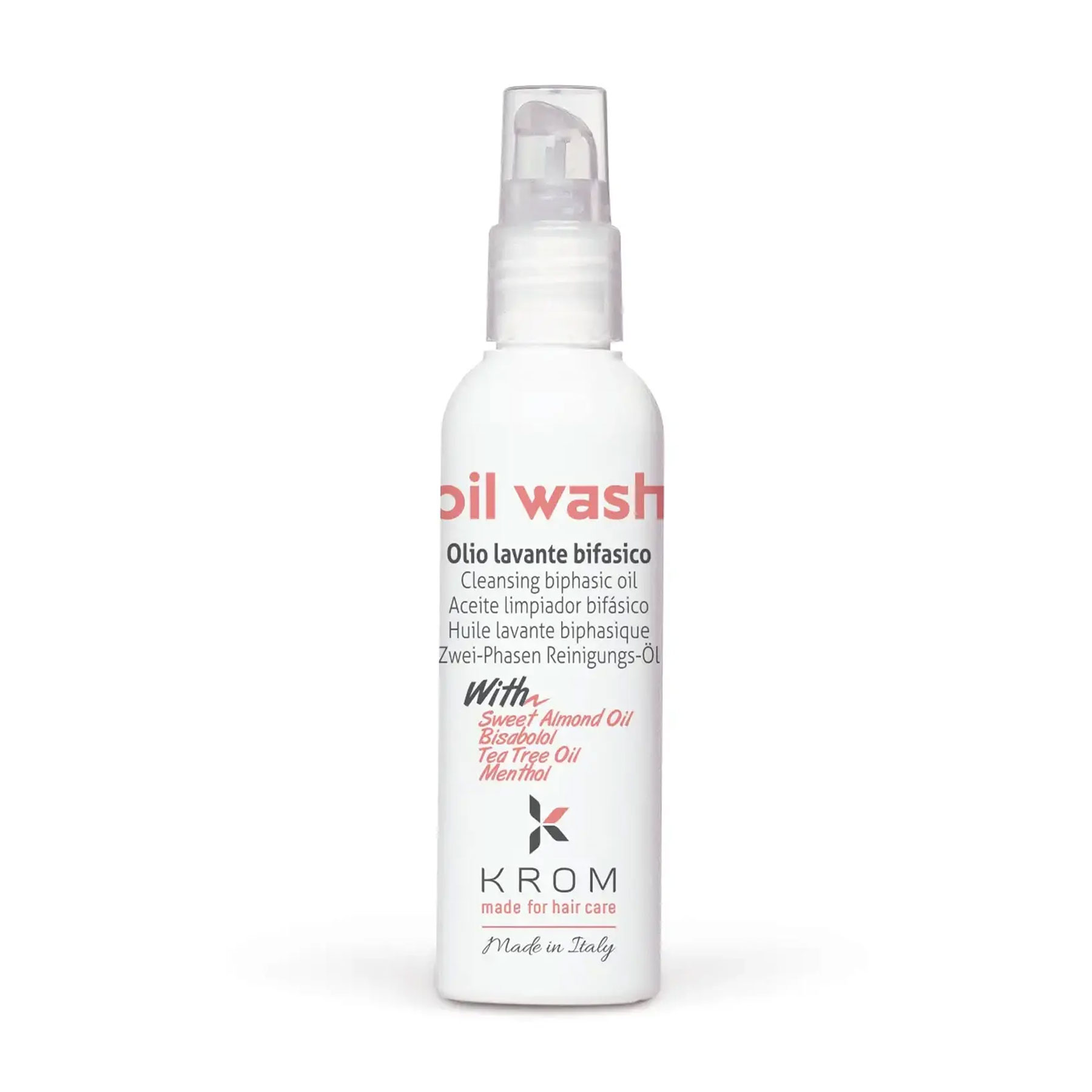 

Уцінка! Двофазна очищувальна олія для волосся Krom Oil Wash з олією солодкого мигдалю, олією чайного дерева та ментолом, 100 мл