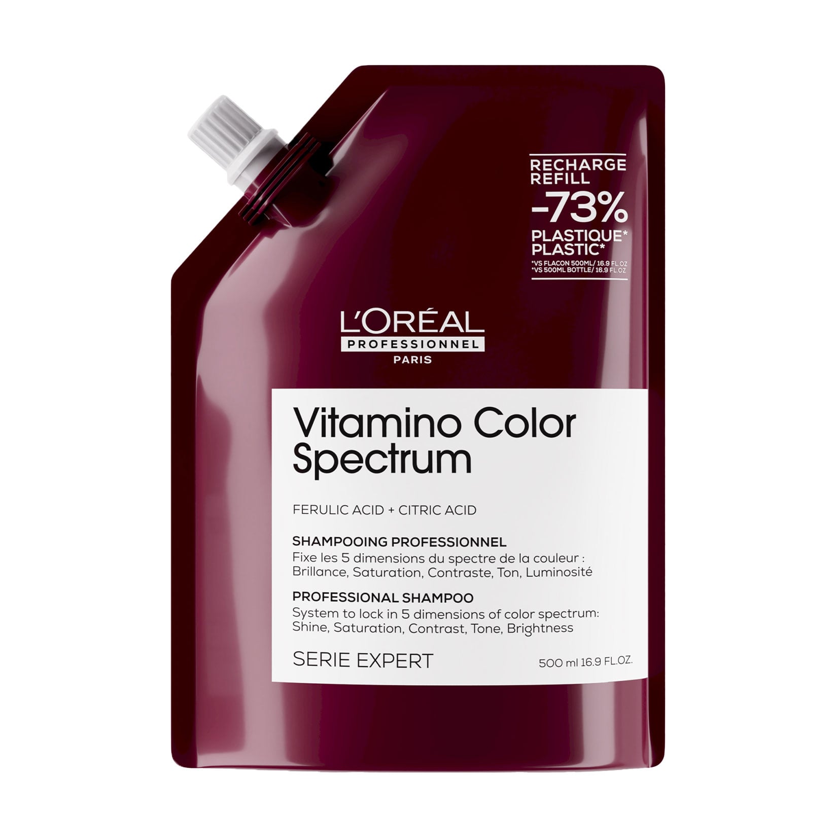 

Професійний шампунь L'Oreal Professionnel Serie Expert Vitamino Color Spectrum Professional Shampoo Refill для сяючого блиску та збереження 5 вимірів колірного спектру після фарбування волосся, 500 мл (рефіл)