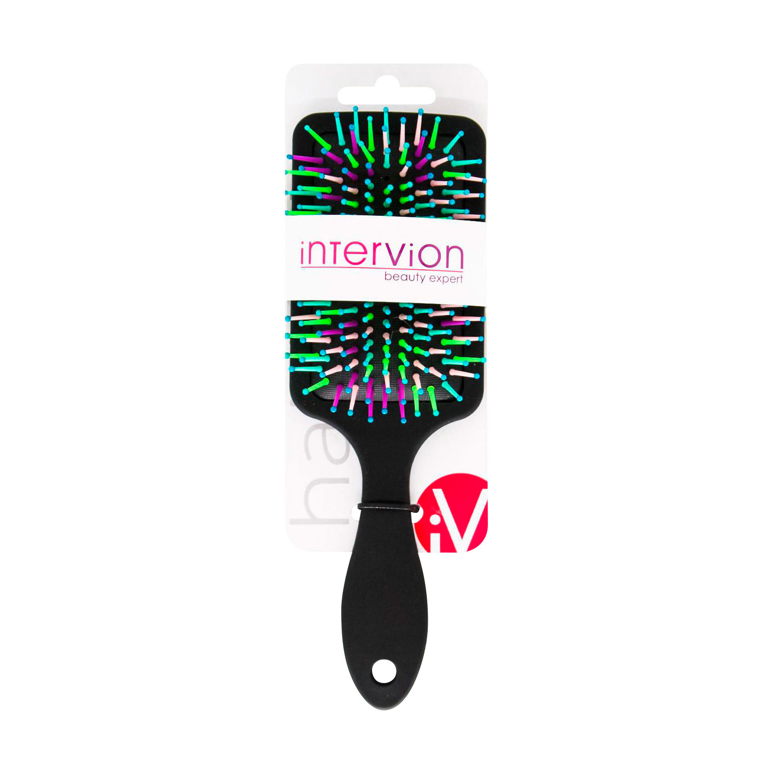 

Масажна щітка для волосся Inter-Vion прямокутна, з різнокольоровими зубчиками, 1 шт