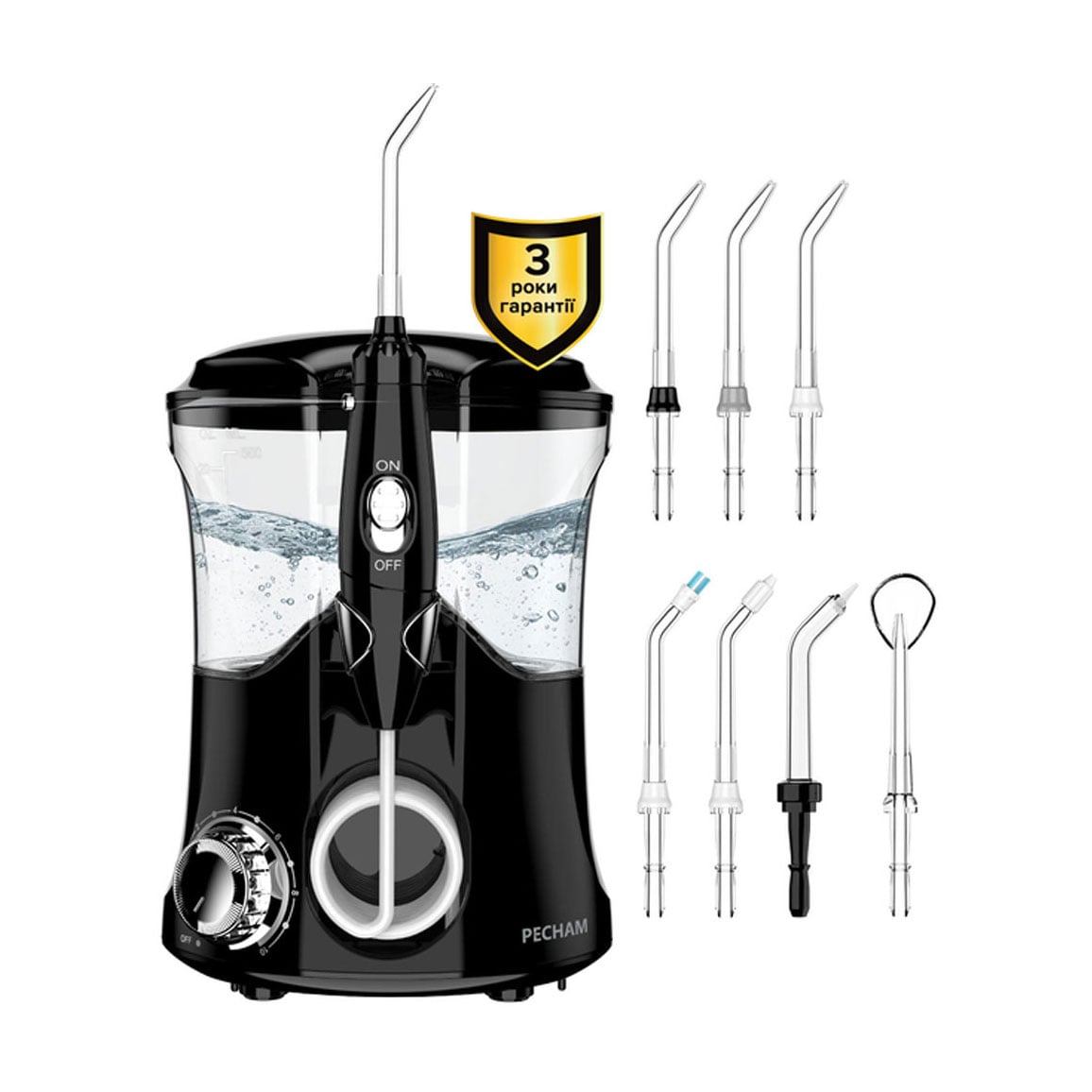 

Іригатор для ротової порожнини PECHAM Professional з 7 насадками, чорний