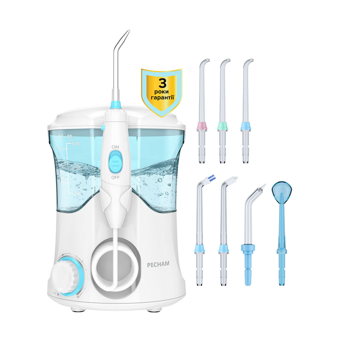 

Іригатор для ротової порожнини PECHAM Professional з 7 насадками, білий