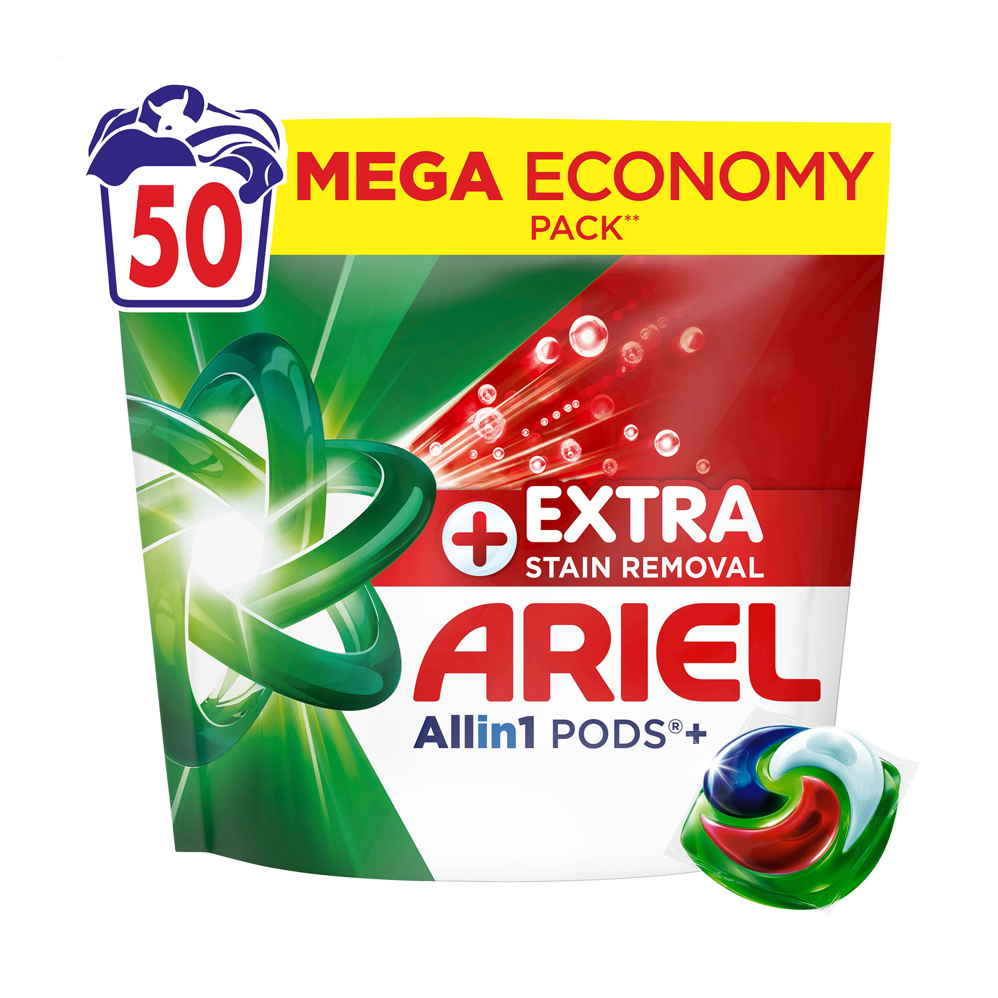 

Капсули для прання ARIEL Pods+ All-in-1 Extra Stain Removal Все в 1, Екстрасила виведення плям, 50 циклів прання, 50 шт