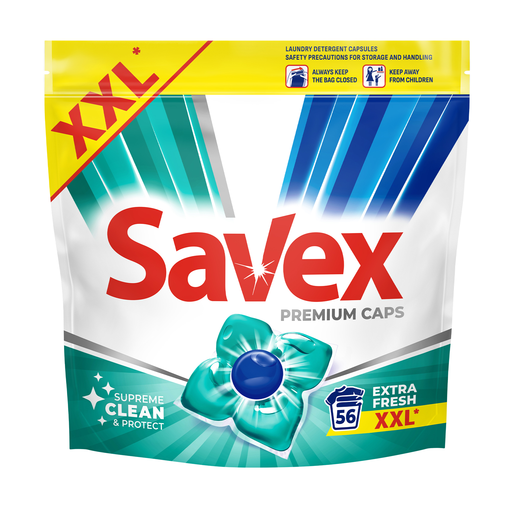 

Уцінка! Капсули для прання Savex Premium Caps Extra Fresh, 56 цикли прання, 56 шт