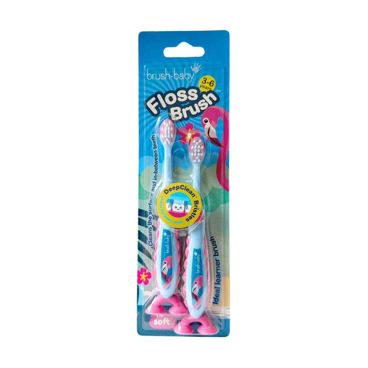 

Набір дитячих зубних щіток Brush-Baby FlossBrush Flamingo на присосці, від 3 до 6 років, 2 шт