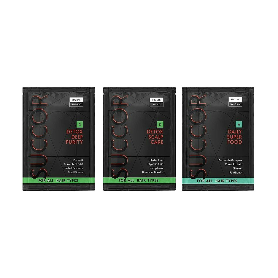 

Набір пробників для глибокого очищення волосся та шкіри голови Succor Detox Deep Purity Mini Set (шампунь, 10 мл + бальзам, 10 мл + маска, 10 мл)
