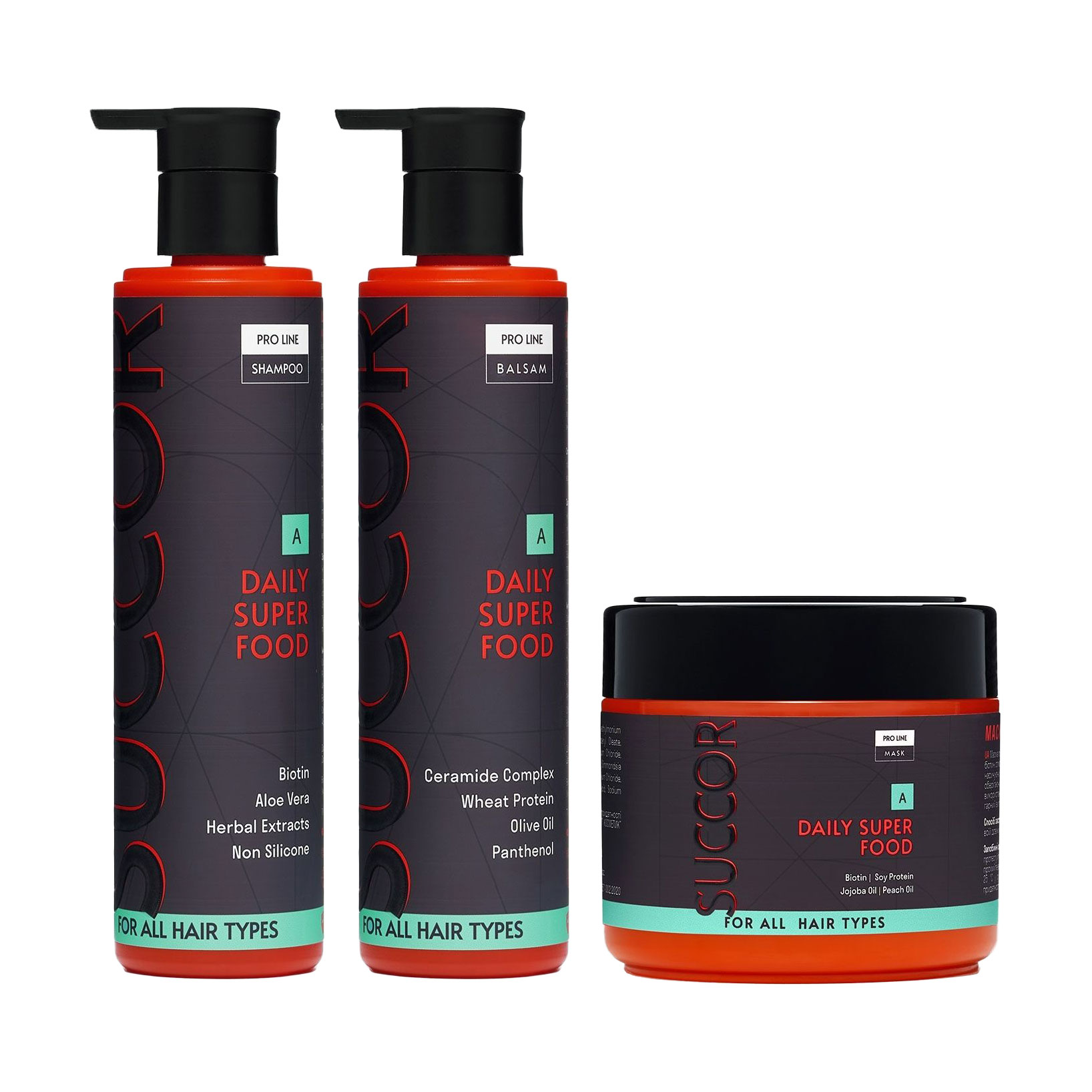 

Набір для щоденного догляду за волоссям Succor Daily Superfood Set (шампунь, 250 мл + бальзам, 250 мл + маска, 300 мл)