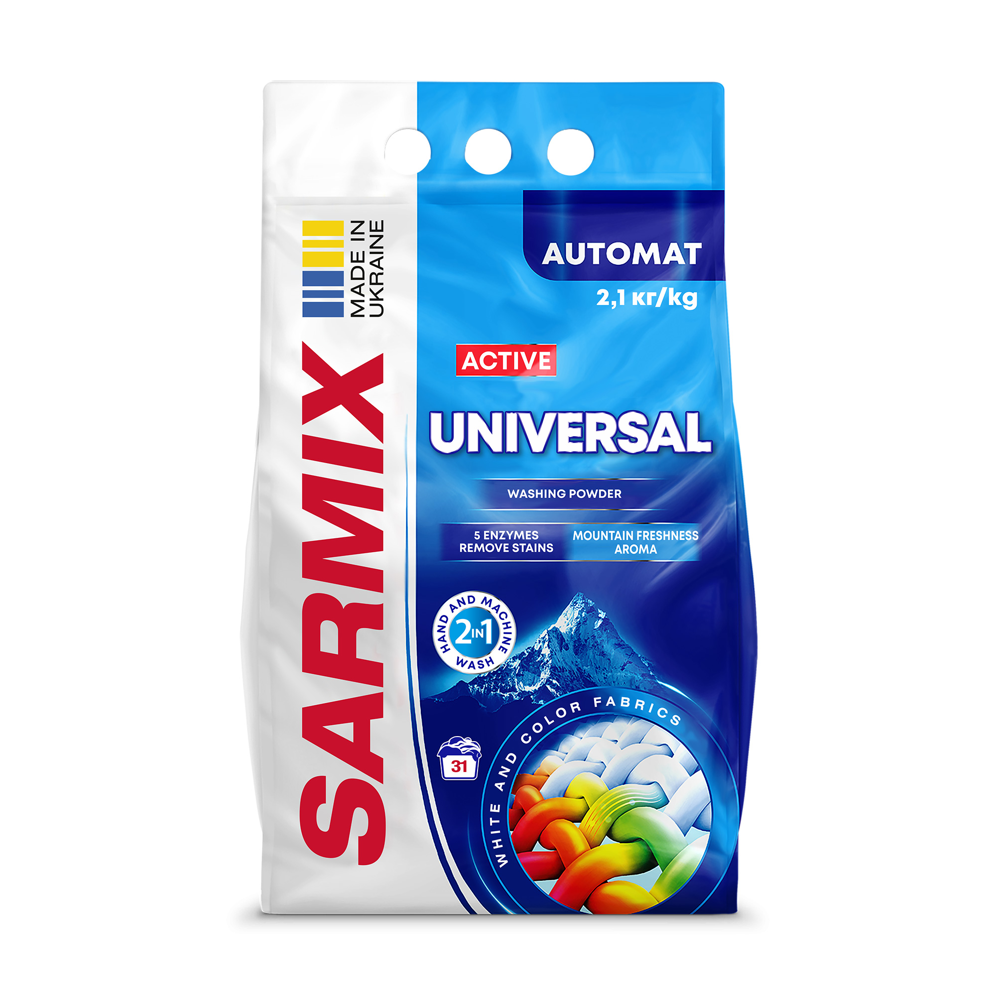 

Пральний порошок Sarmix Active Universal Автомат, 31 цикл прання, 2.1 кг