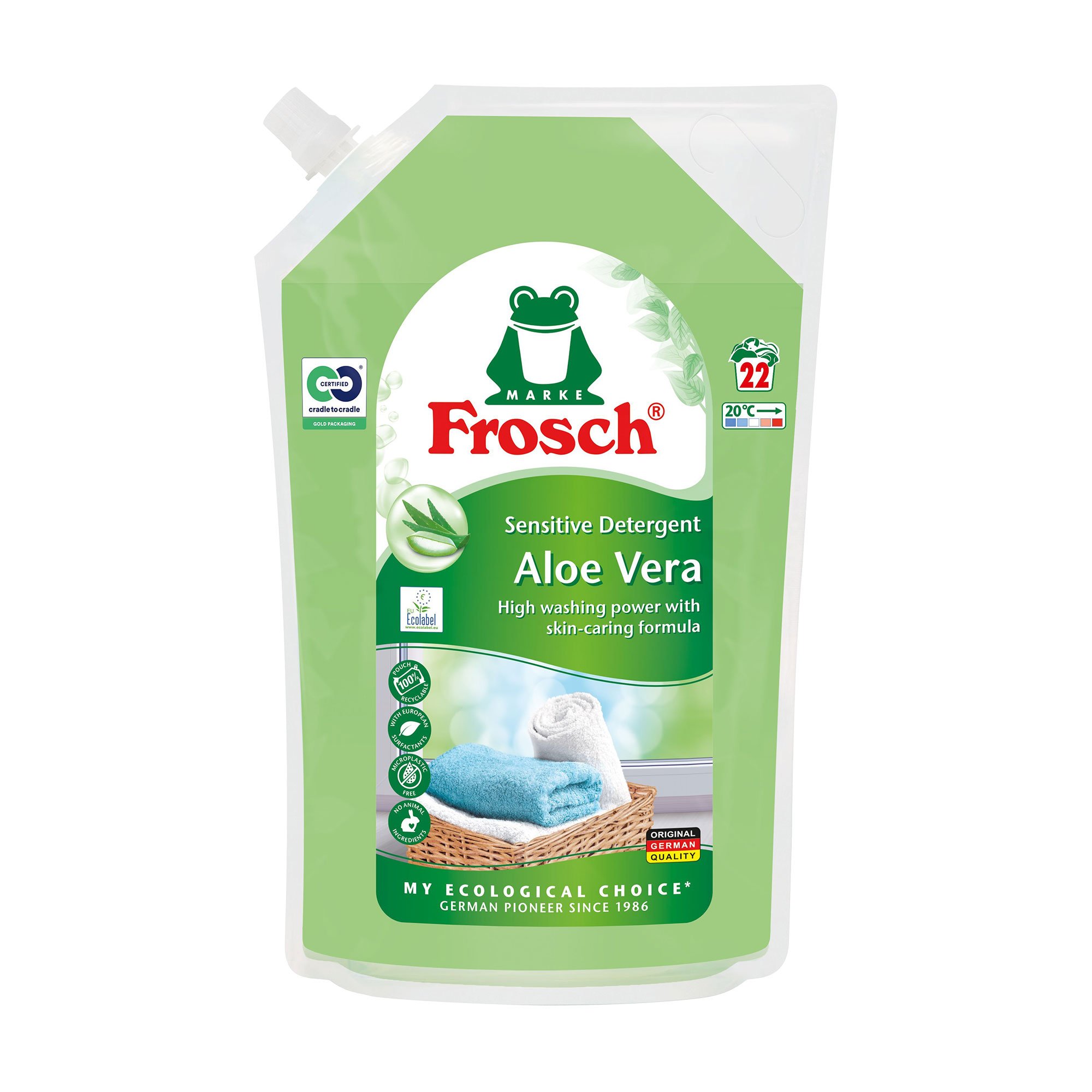 

Рідкий пральний засіб Frosch Sensitive Detergent Алое вера, 22 цикли прання, 1.5 л (дой-пак)