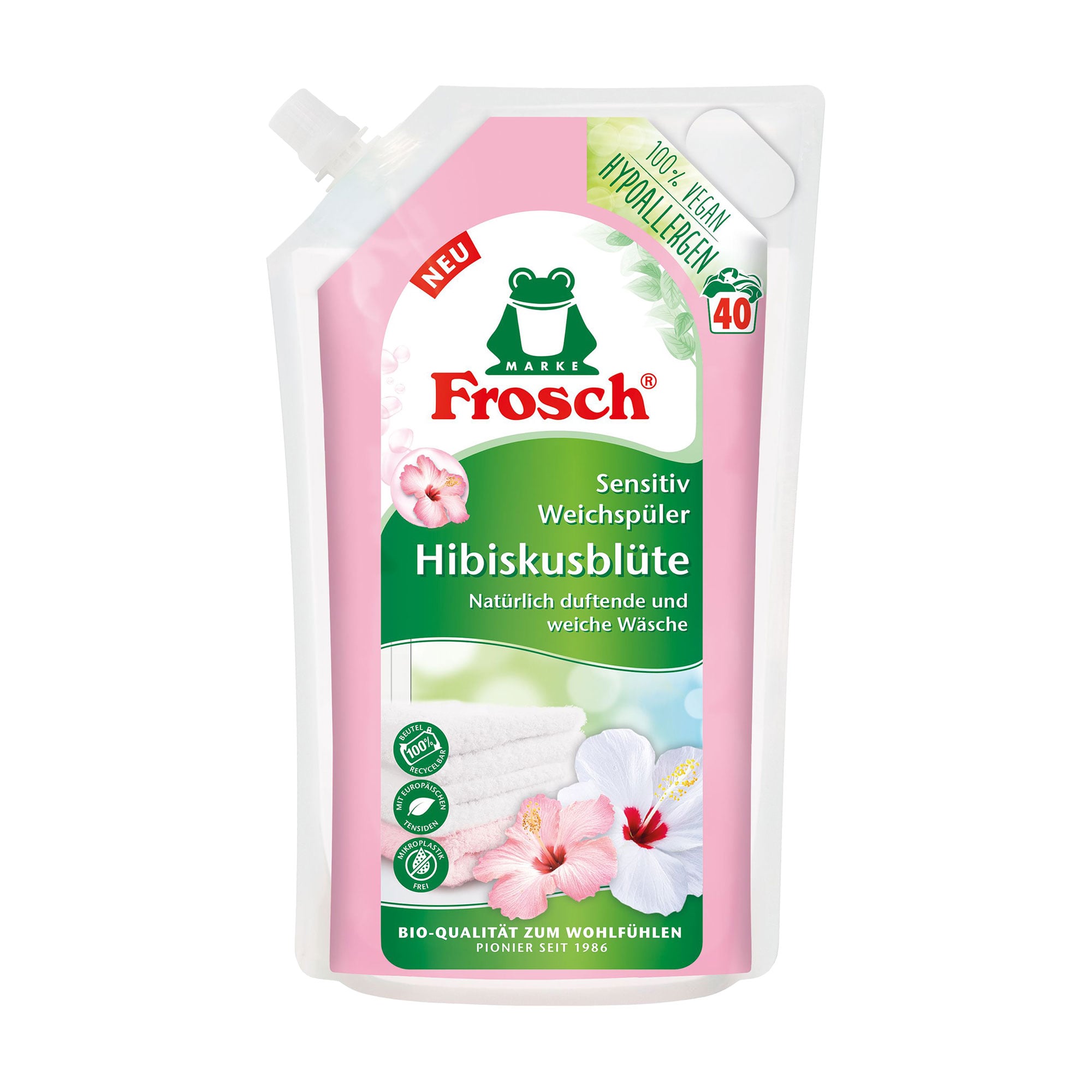 

Кондиціонер-ополіскувач для білизни Frosch Квіти гібіскуса, 40 циклів прання, 1 л (дой-пак)