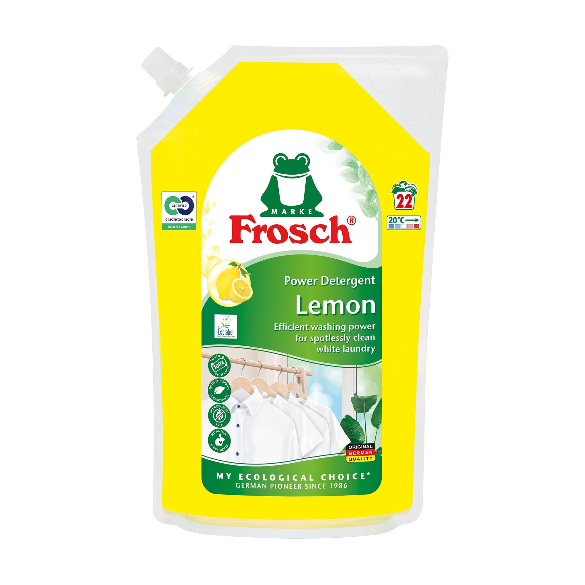 

Рідкий пральний засіб Frosch Power Detergent Лимон, 22 цикли прання, 1.5 л (дой-пак)