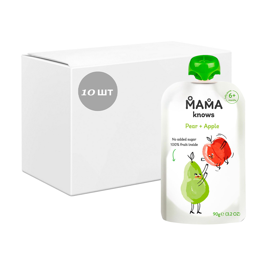 

Уцінка! Упаковка Дитяче фруктове пюре Mama knows Груша-яблуко, без цукру, від 6 місяців, 10*90 г