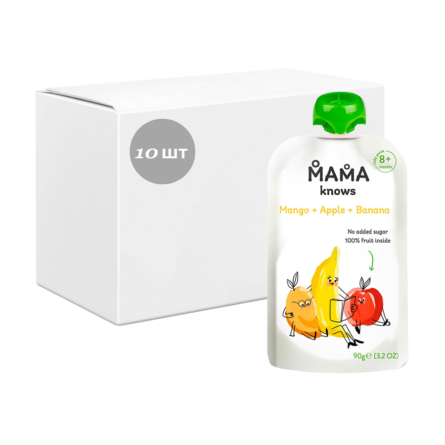 

Уцінка! Упаковка Дитяче фруктове пюре Mama knows Манго, яблуко, банан, без цукру, від 8 місяців, 10*90 г