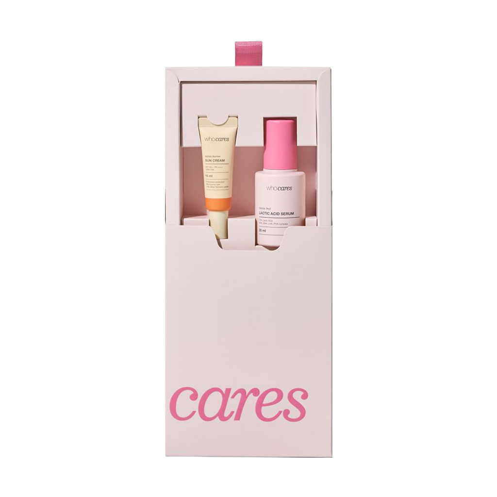

Уцінка! Набір засобів для обличчя Who Cares (Gentle Peel Lactic Acid Serum, 30 мл + Bifida Barrier Sun Cream, 10 мл)