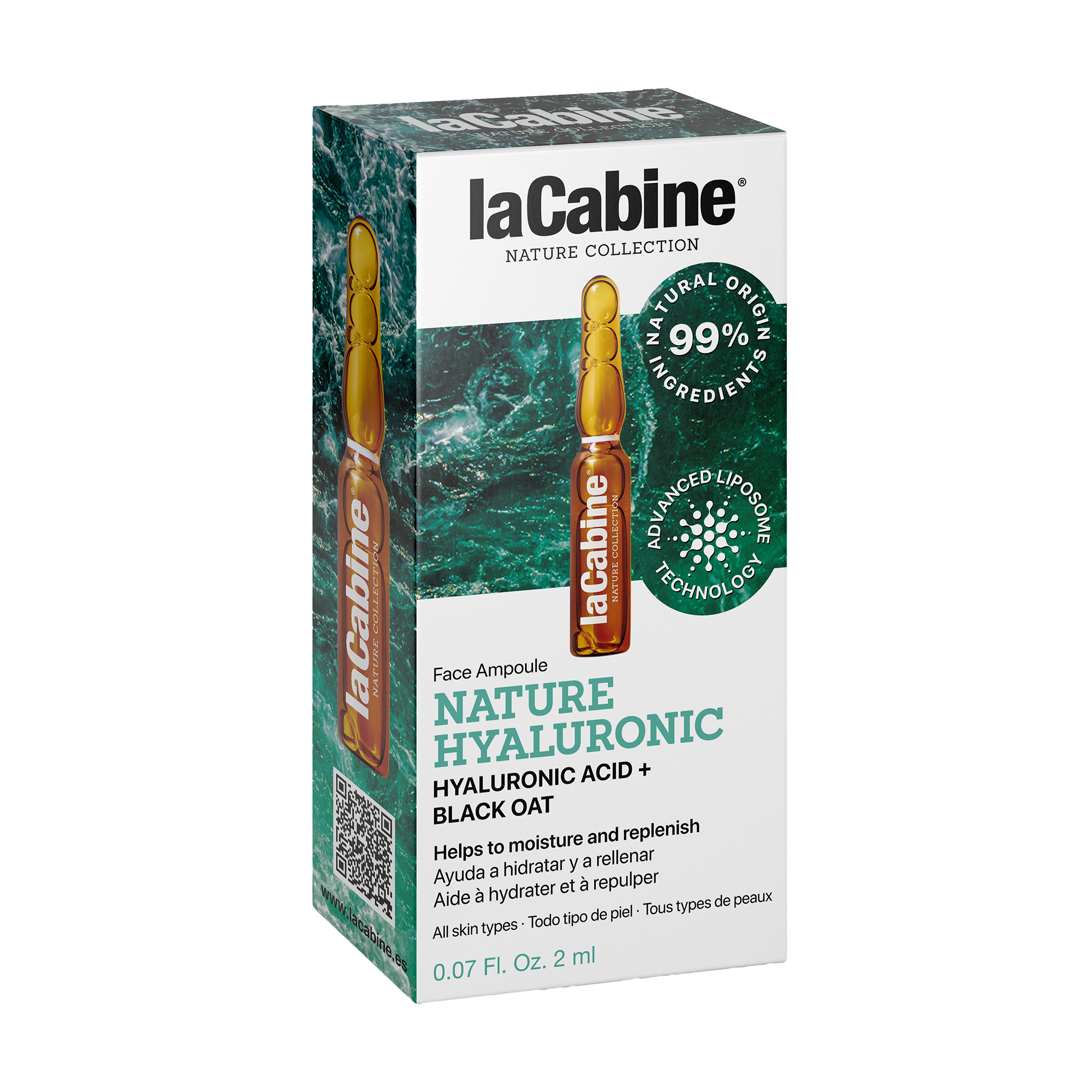 

Висококонцентрована ампула для обличчя La Cabine Nature Hyaluronic Зволоження та відновлення, з гіалуроновою кислотою та чорним вівсом, 2 мл