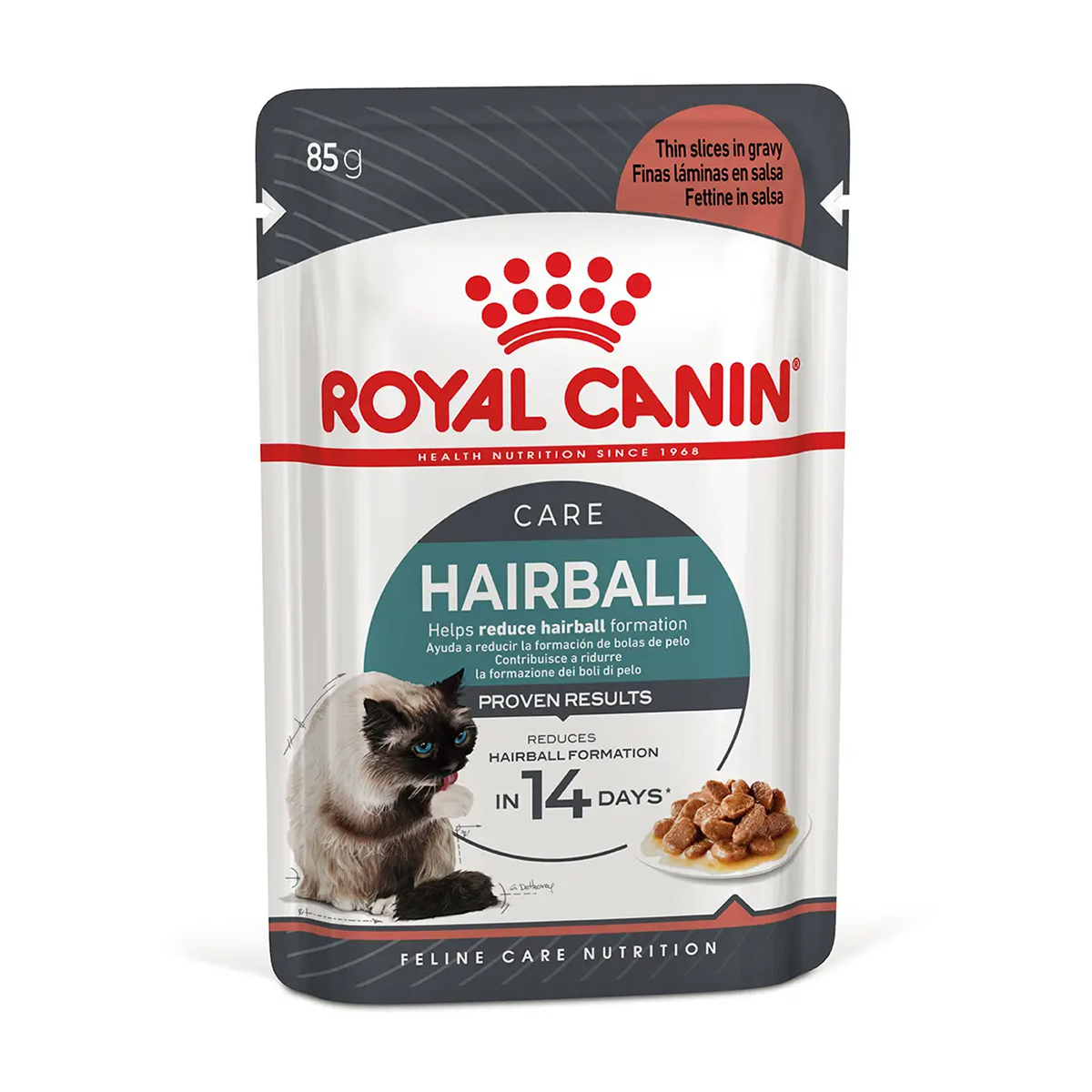 

Вологий корм для дорослих котів Royal Canin Hairball Care шматочки в соусі, для виведення грудок шерсті, 85 г (4158001)