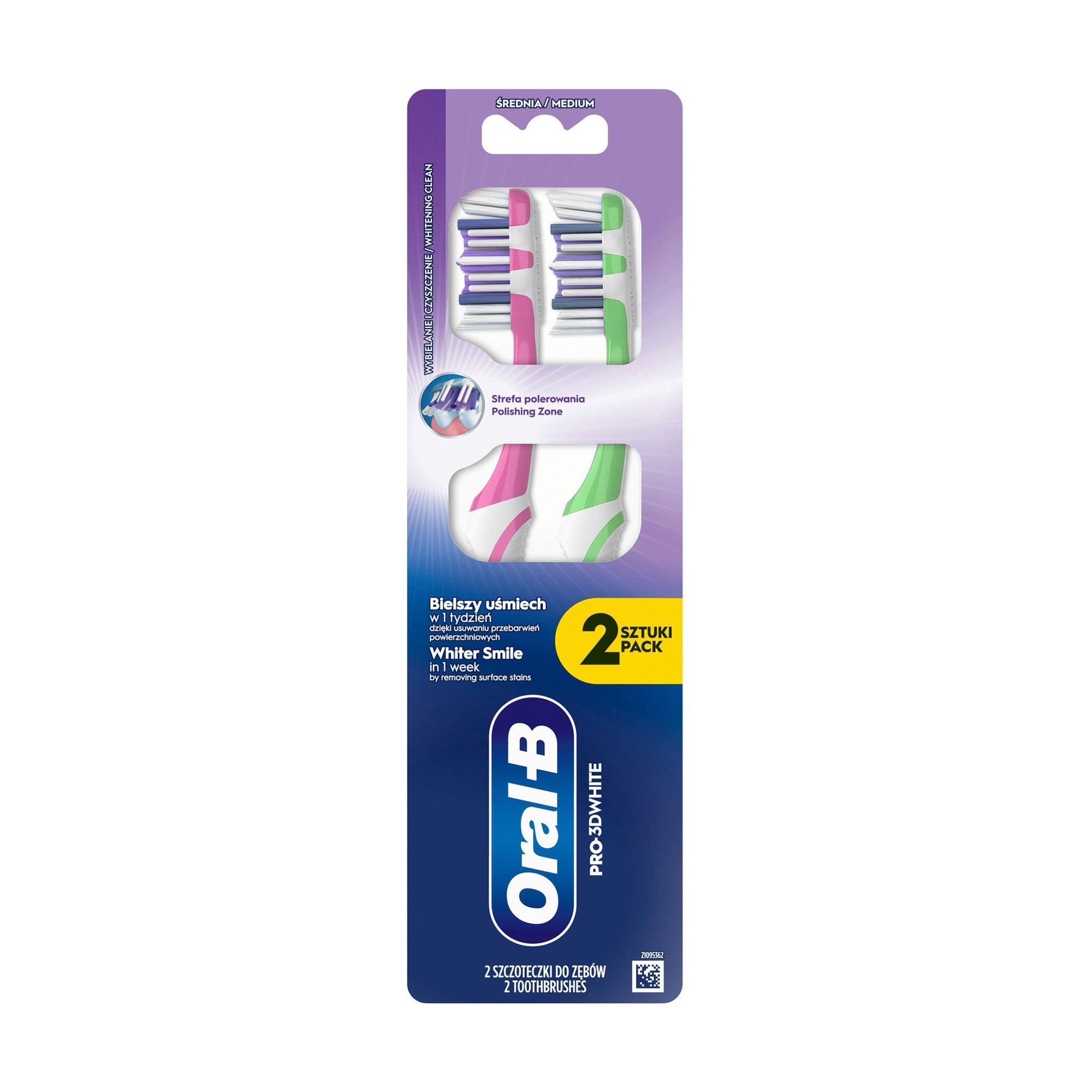 

Зубна щітка Oral-B Pro 3D White Середня жорсткість, рожева та зелена, 2 шт