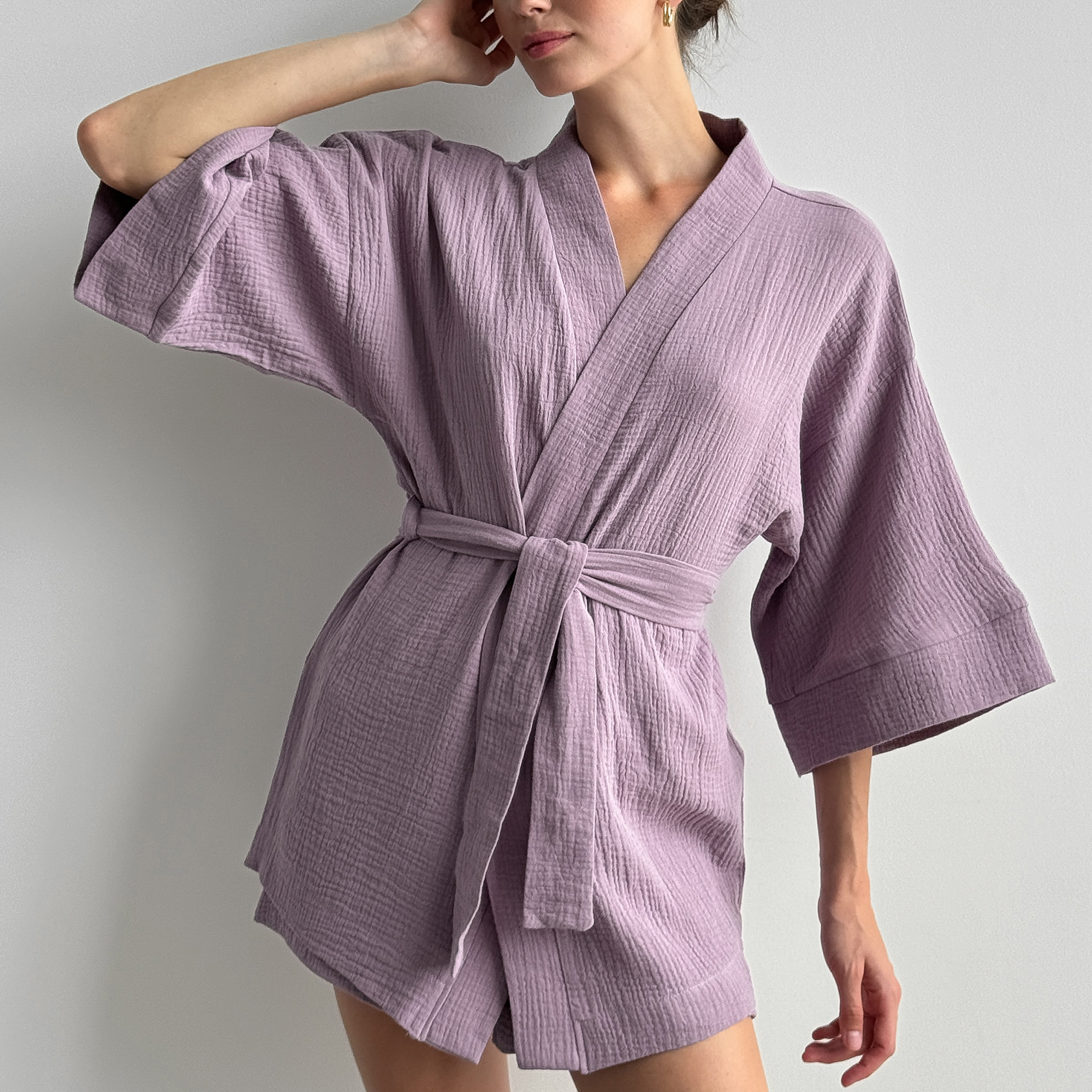 

Комплект жіночий Miso Мусліновий, 2-шаровий, кімоно та шорти, фіолетовий, розмір S/M (13355)