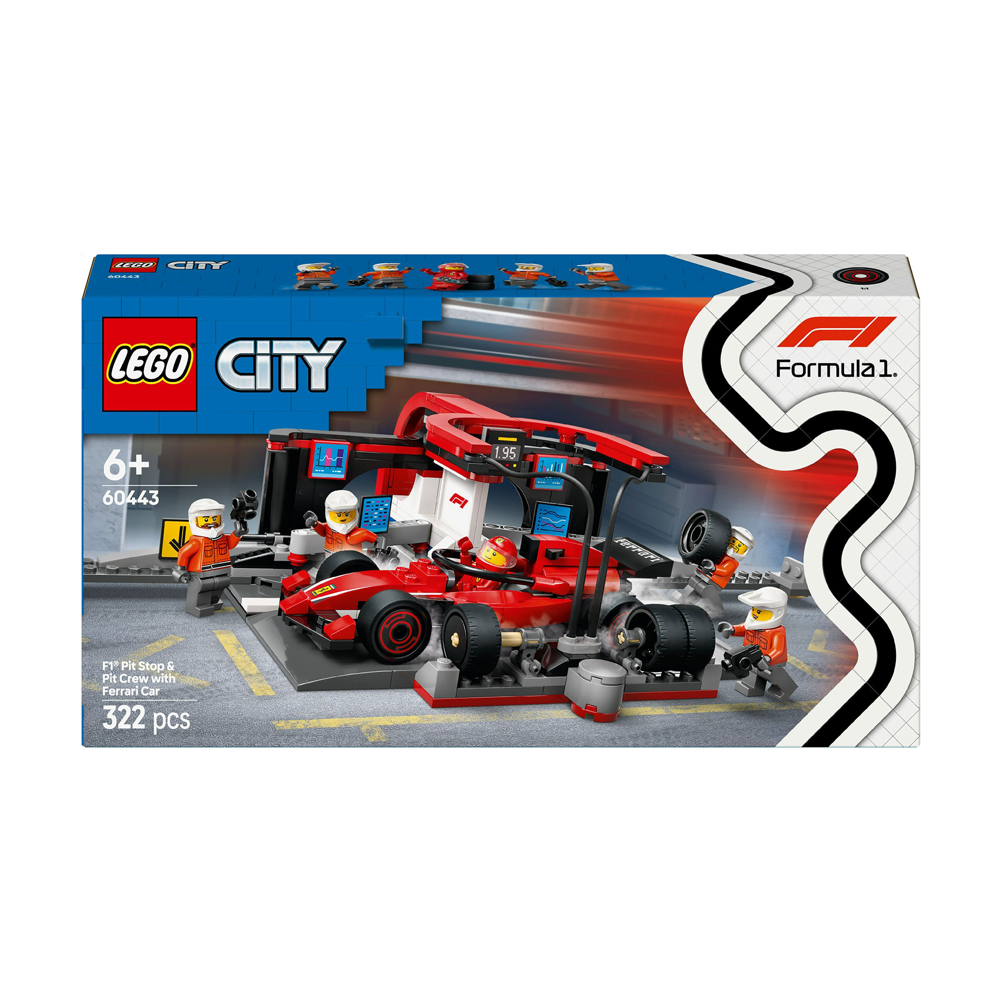 

Конструктор LEGO City Піт-стоп і піт-екіпаж F1 з болідом Ferrari, 322 деталі, від 6 років (60443)