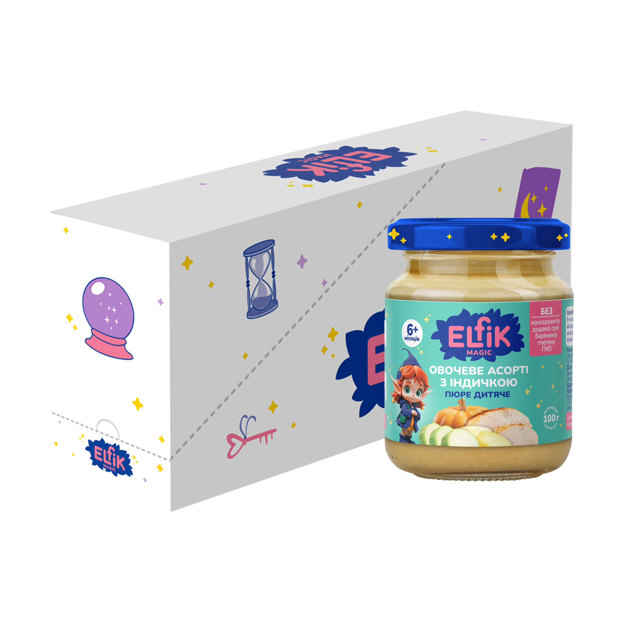 

Уцінка! Дитяче пюре Elfik Magic Овочеве асорті з індичкою, від 6 місяців, 6*100 г