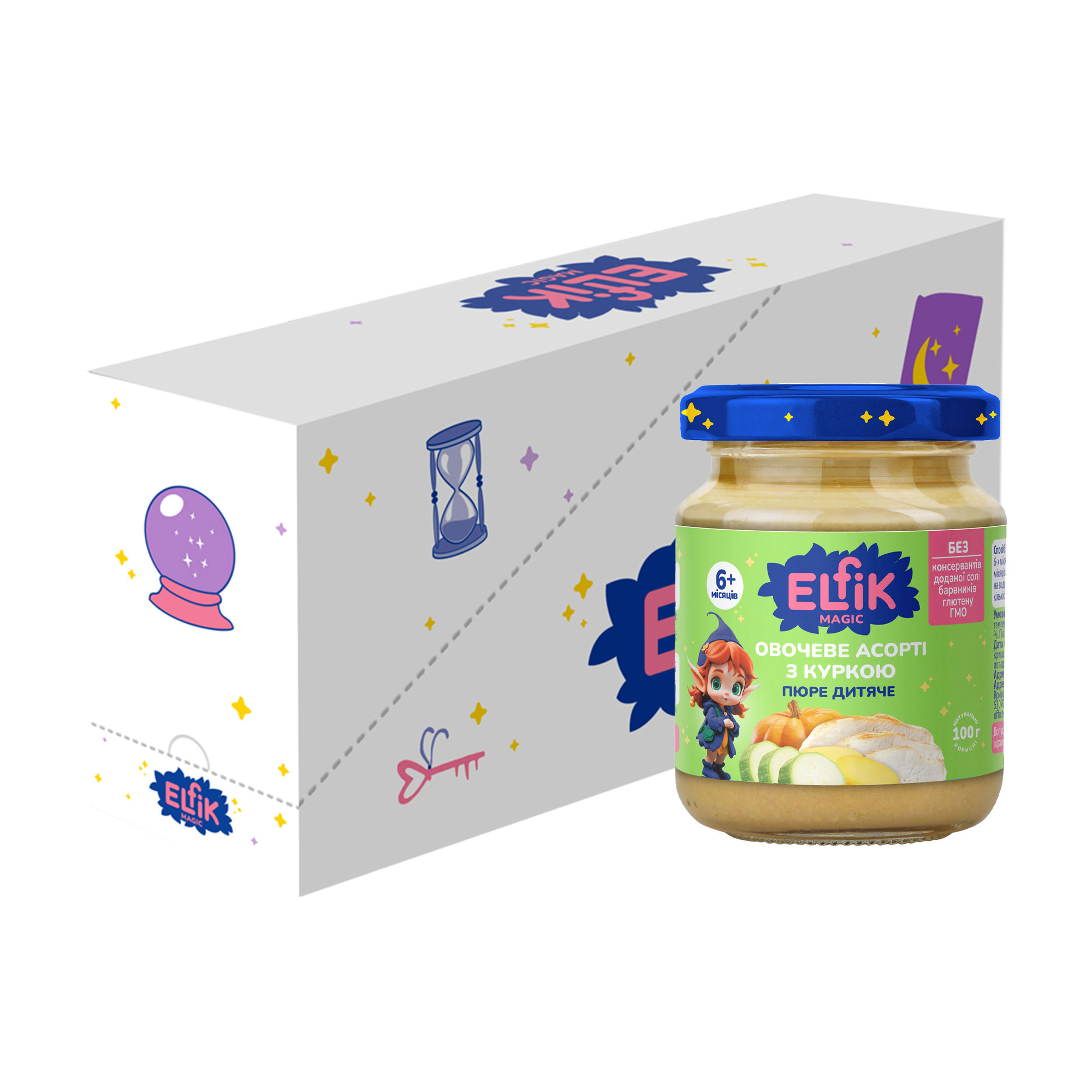 

Дитяче пюре Elfik Magic Овочеве асорті з куркою, від 6 місяців, 6*100 г