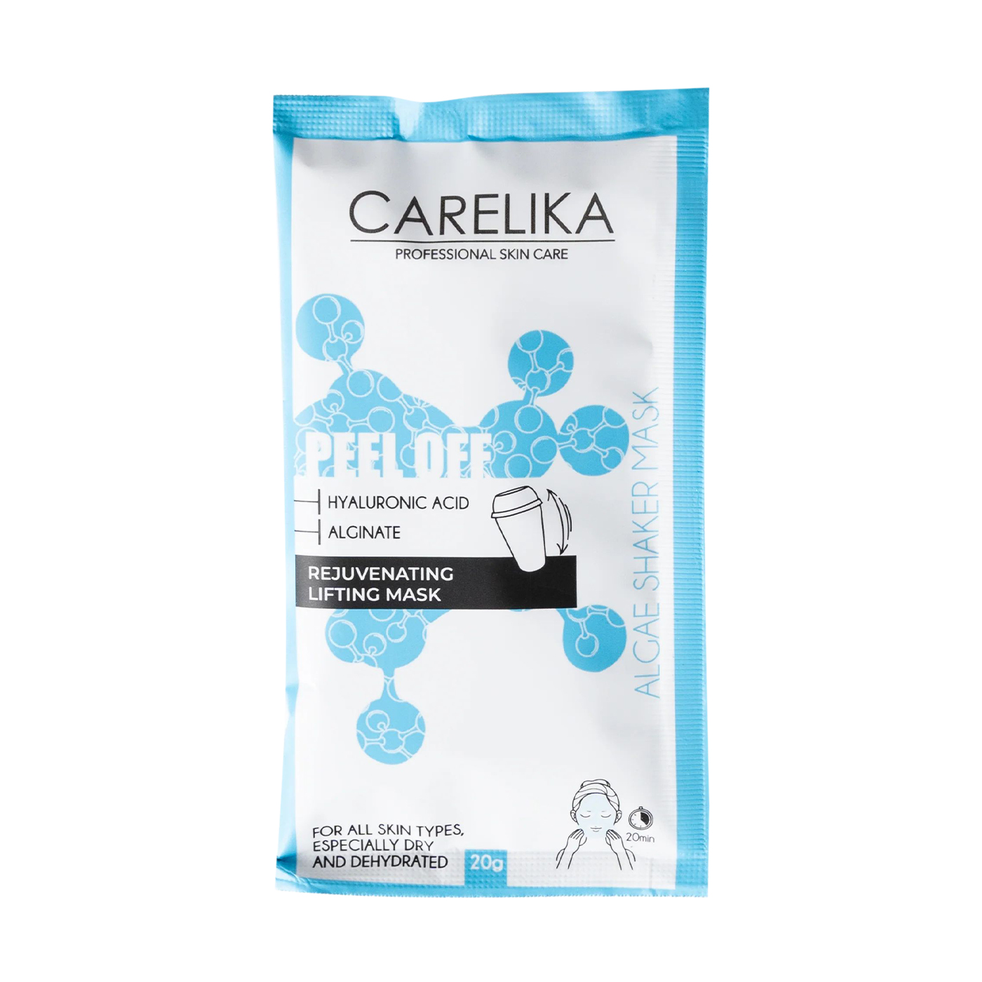 

Альгінатна маска-шейкер для обличчя Carelika Peel Off Algae Shaker Mask Hyaluronic Acid з гіалуроновою кислотою, 20 г