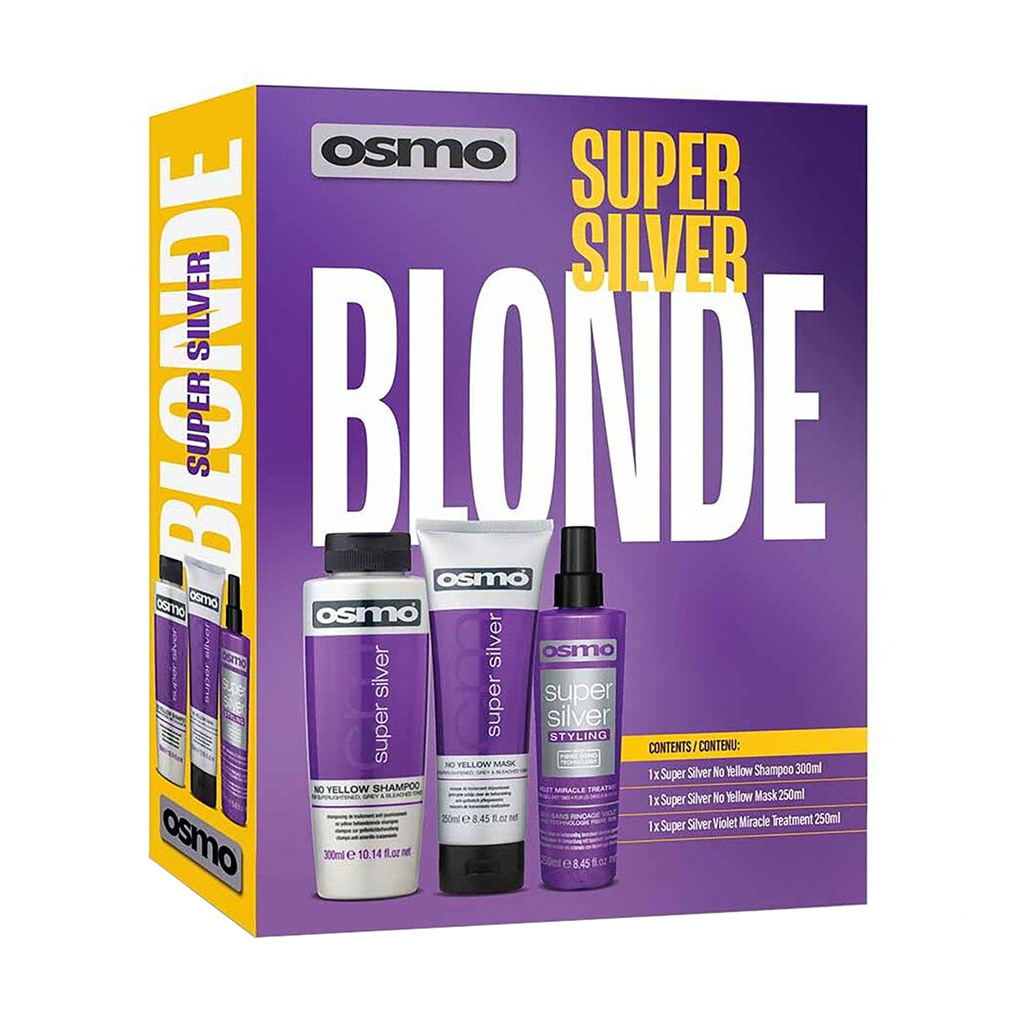 

Уцінка! Набір проти жовтизни для освітленого і сивого волосся Osmo Super Silver Blonde (шампунь, 300 мл + спрей, 250 мл + маска, 250 мл)