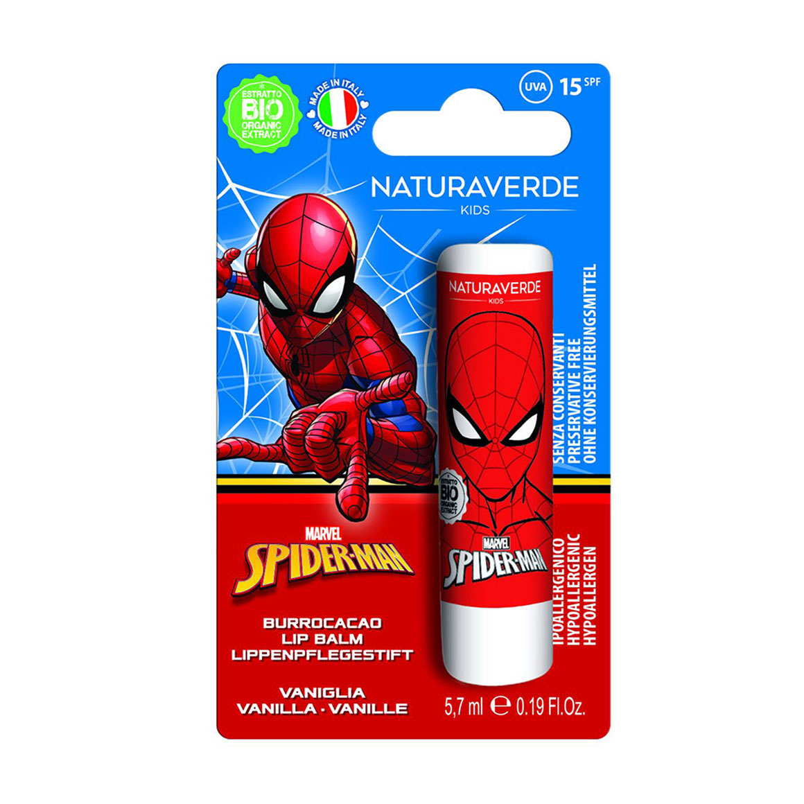 

Уцінка! Дитячий бальзам для губ Naturaverde Kids Marvel Spiderman Vanilla Lip Balm, SPF 15, 5.7 мл