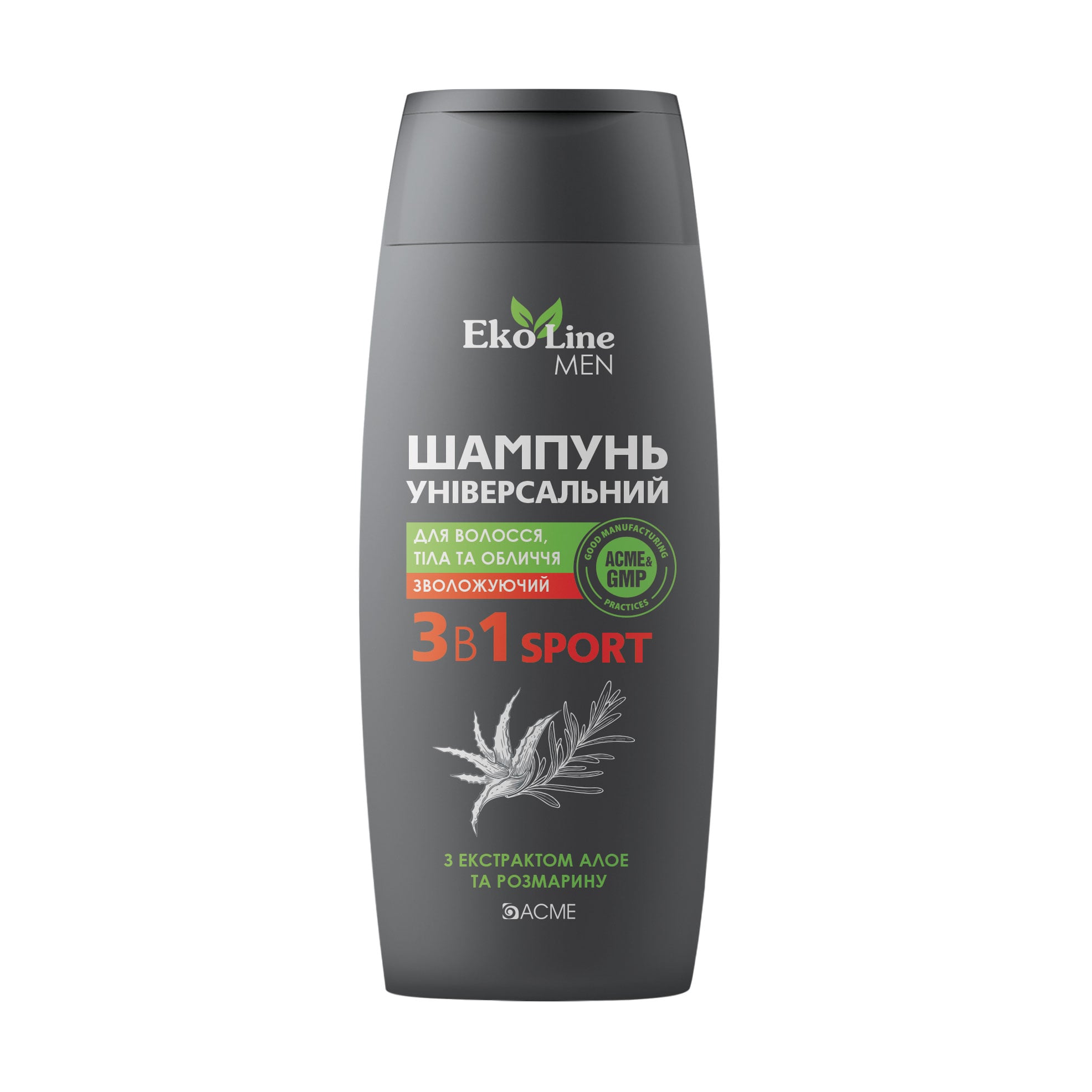 

Чоловічий зволожувальний шампунь 3 в 1 для волосся,тіла та обличчя Acme EkoLine Men Sport Універсальний, з екстрактом алое та розмарину, 250 мл