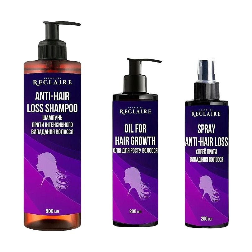 

Уцінка! Професійний комплекс проти випадіння волосся Reclaire Активатор росту (шампунь, 500 мл + олія, 200 мл + спрей, 200 мл)